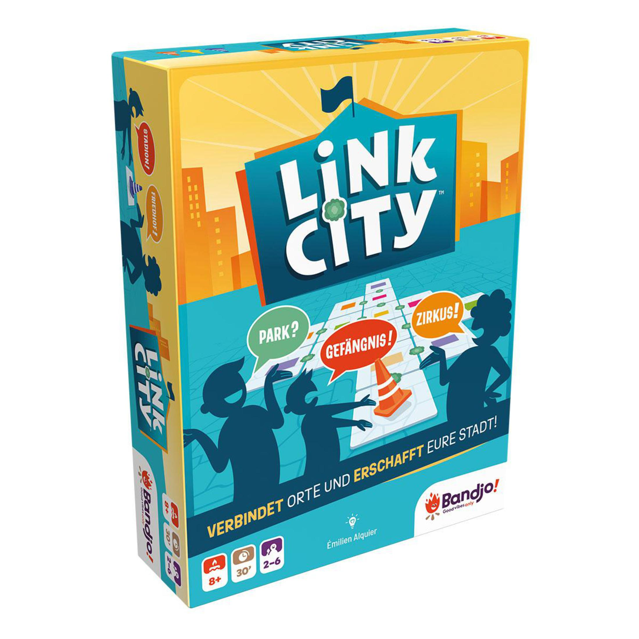 Brettspielbox mit dem Titel 'Link City'. Personen werden mit Sprechblasen und Spielelementen gezeigt.