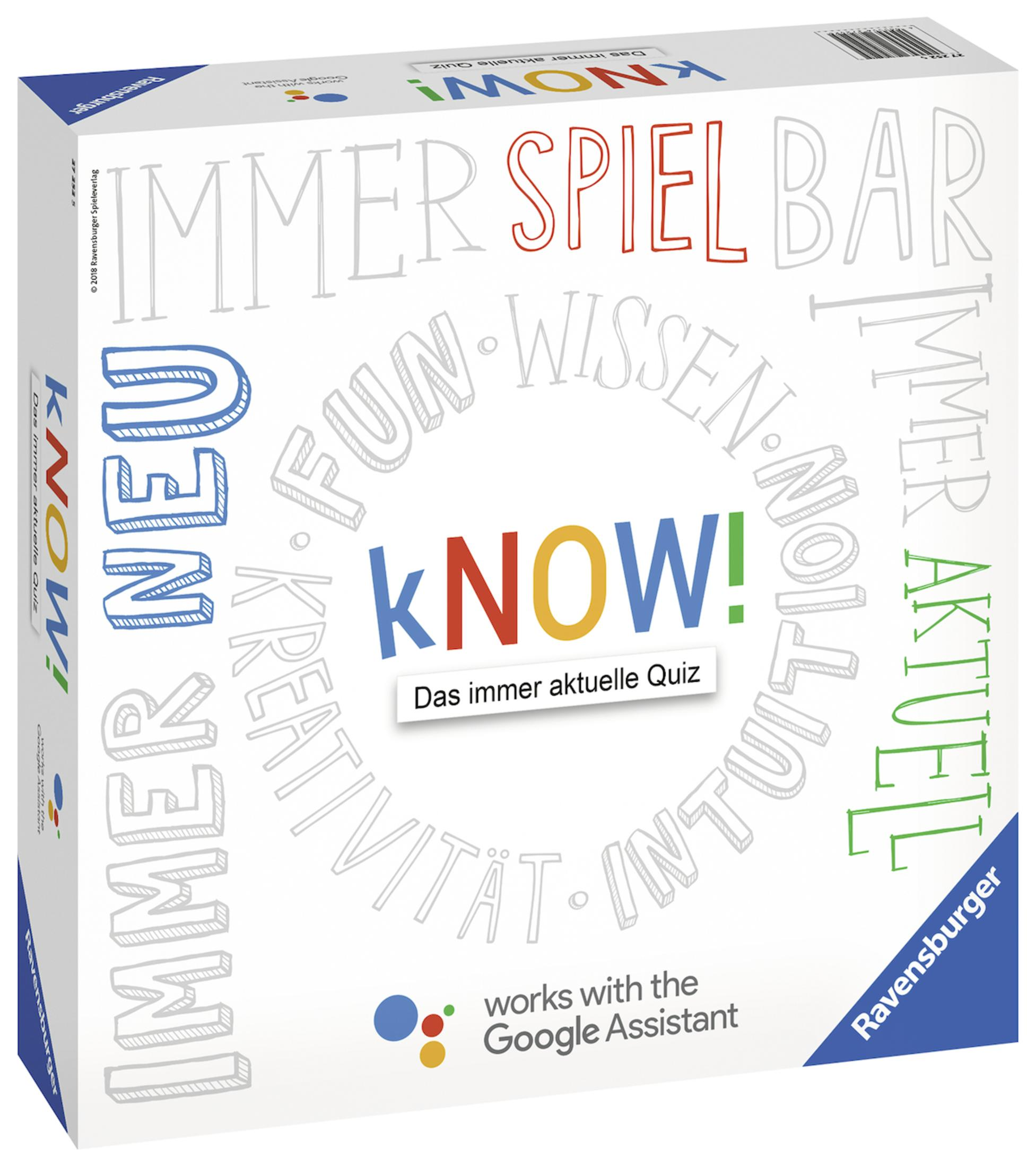 Weiße Spielbox mit buntem Text, 'kNOW!' in einem Kreis.