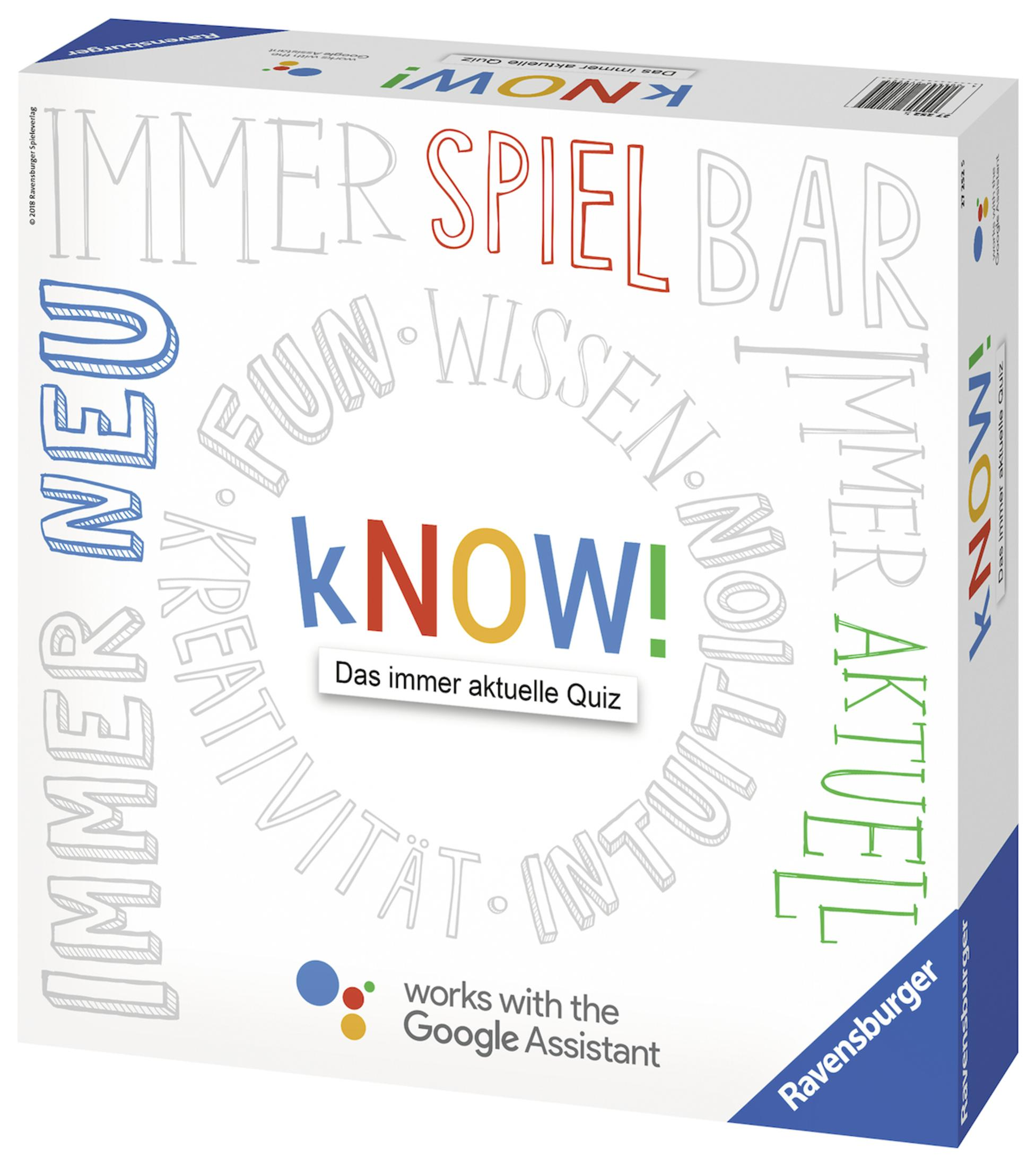 Spielbox mit dem Wort KNOW! in einem Kreis. Text: Das immer aktuelle Quiz, works with the Google Assistant.