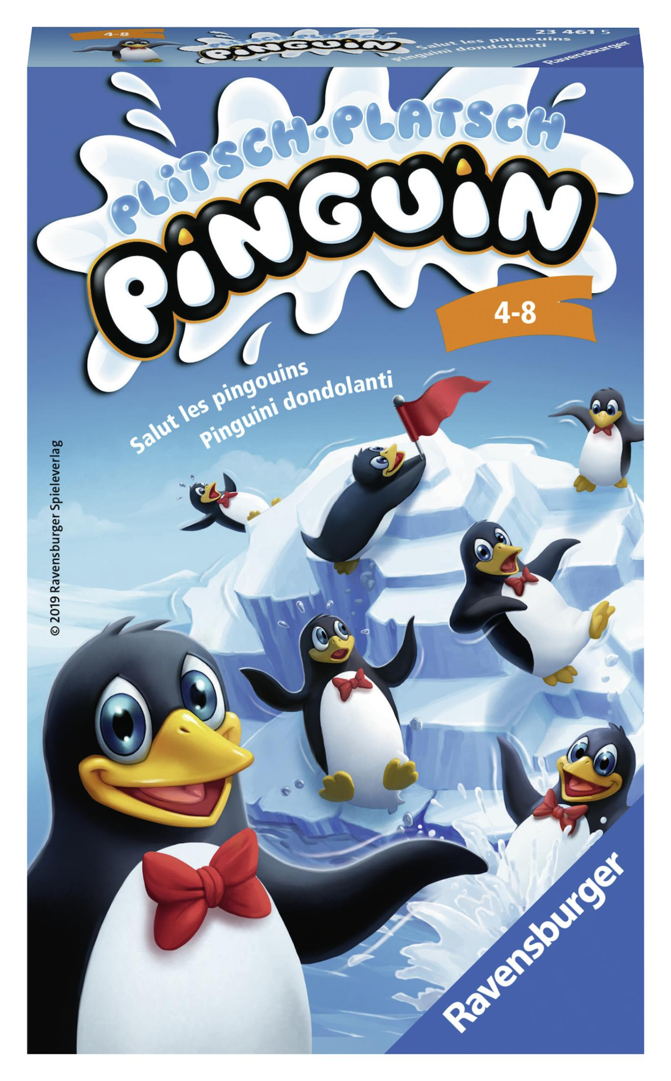 Spielbox mit Pinguinen, Eisbergen und Spritzern. Der Titel lautet 'Plitsch-Platsch Pinguin'.