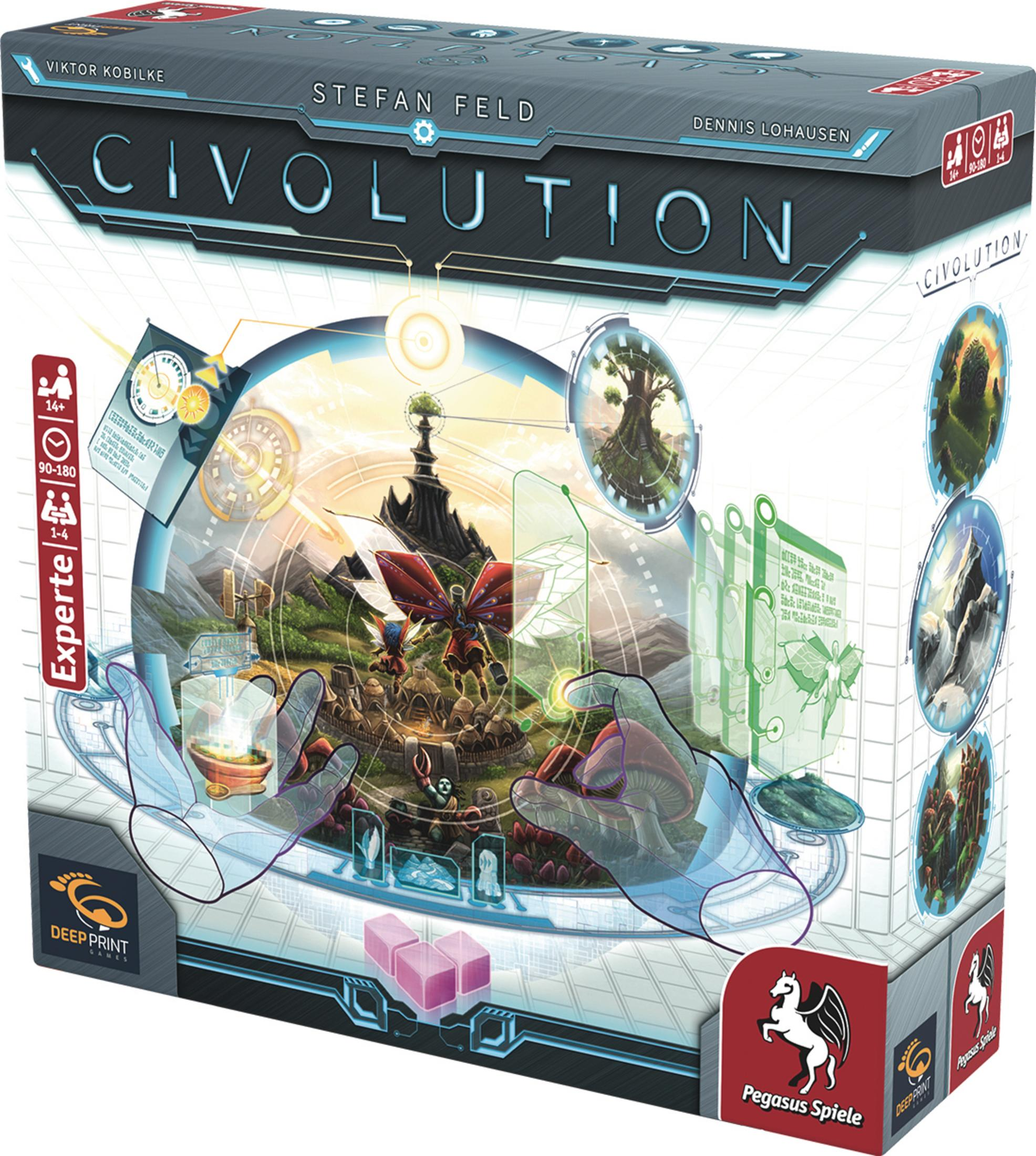 Eine Brettspielbox mit einer futuristischen Stadt und einer großen kreisförmigen Grafik.