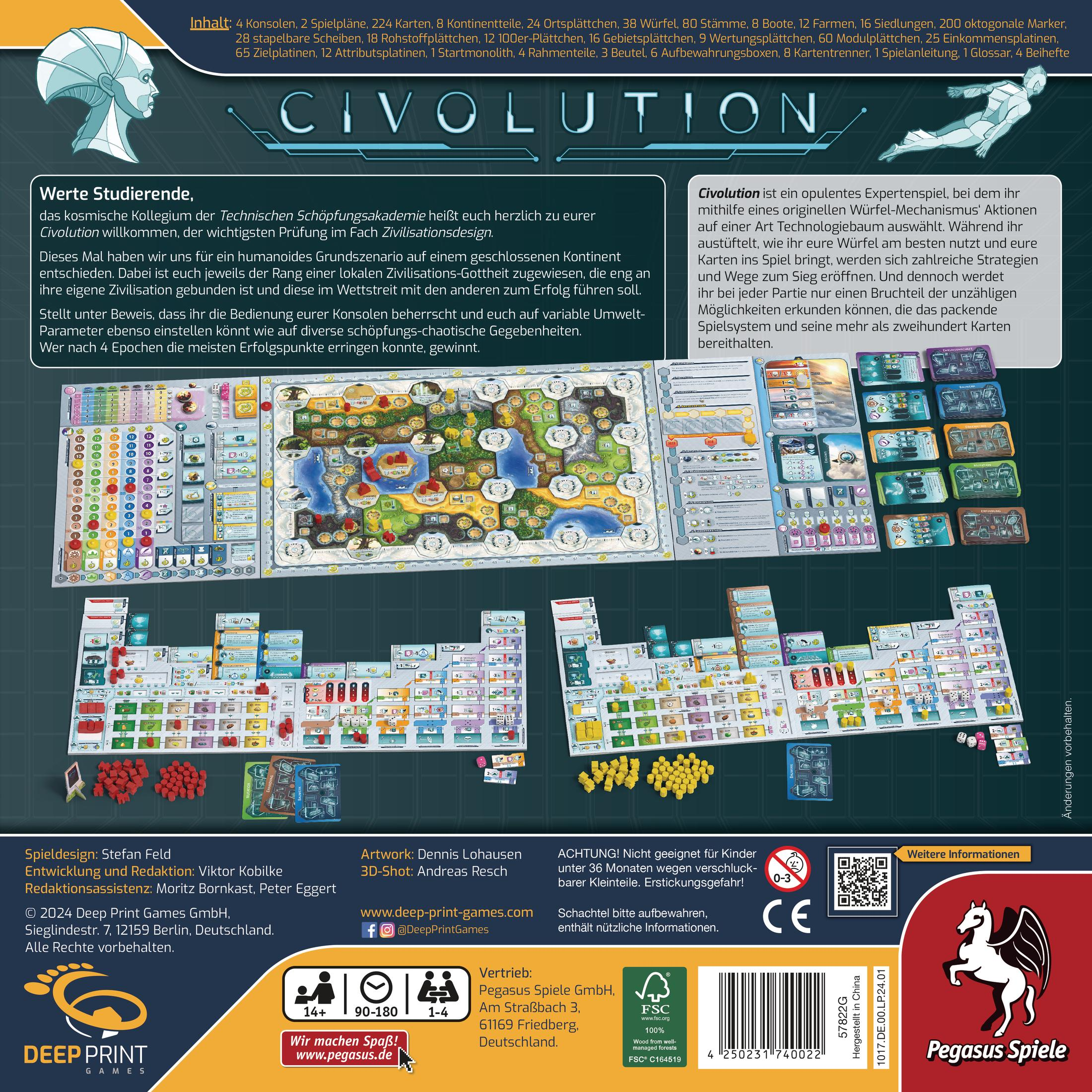 Brettspielbox mit Text und Bildern zum Thema Science-Fiction, mit sichtbaren Spielkomponenten.