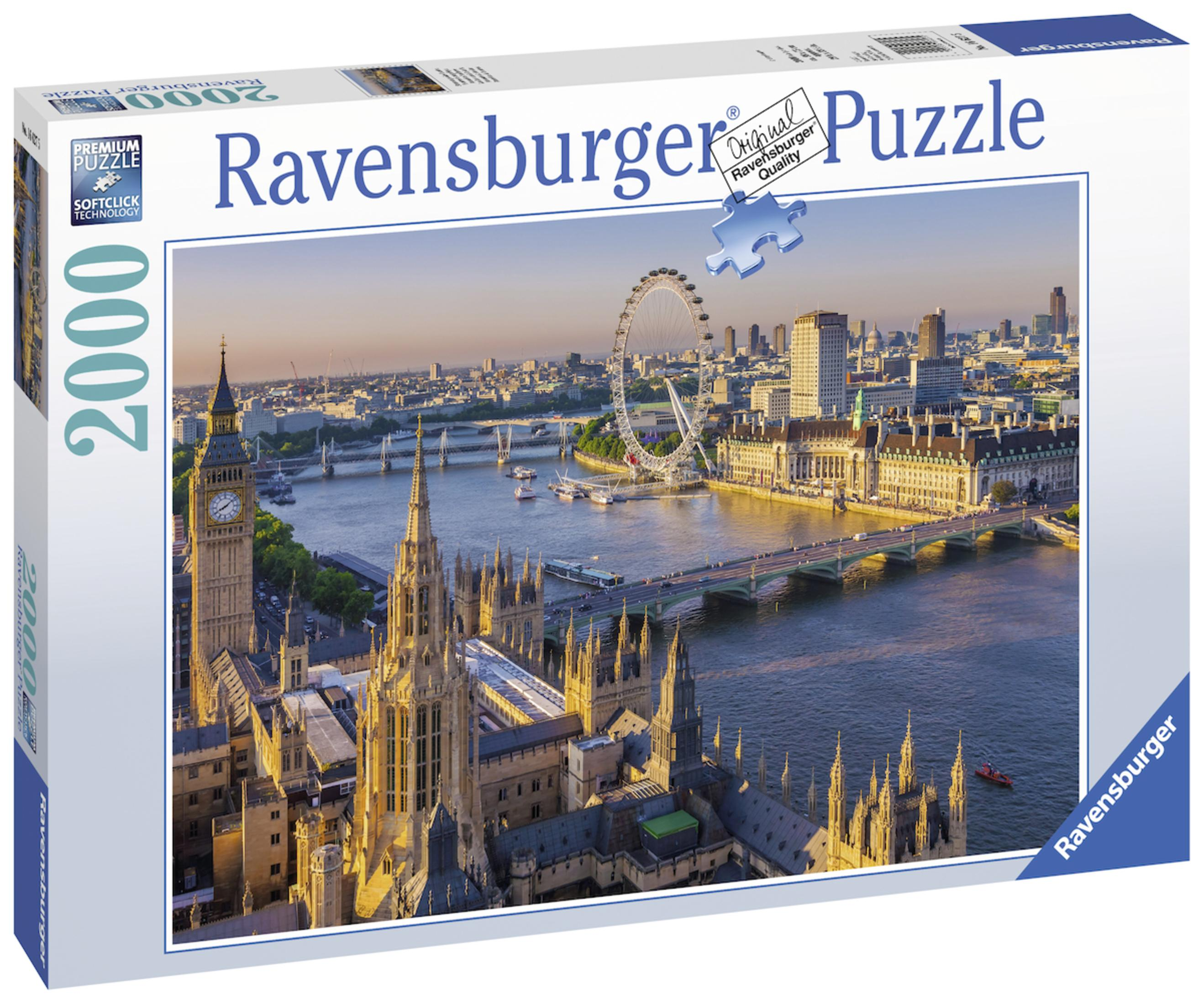 Scatola puzzle Ravensburger mostra Londra al tramonto. Big Ben, il London Eye e il Tamigi.