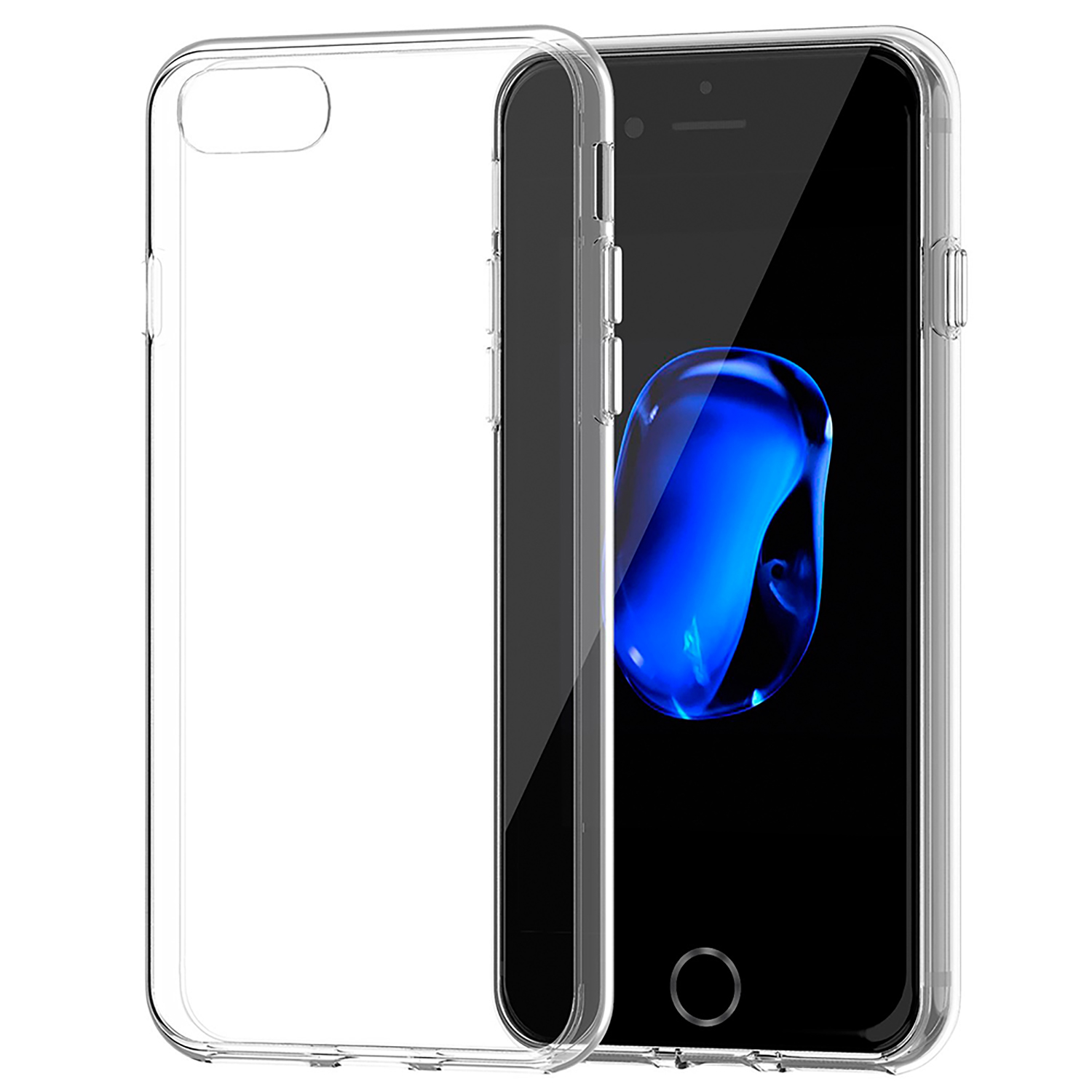 Custodia trasparente accanto a telefono nero. Schermo nero con cerchio blu.