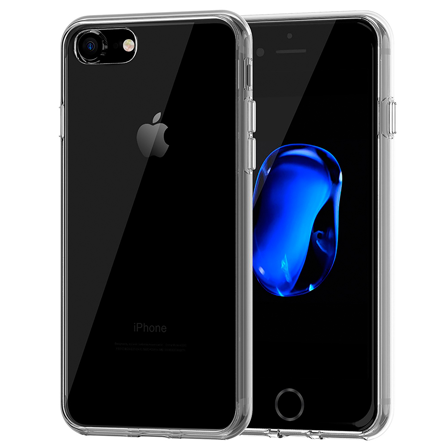 Due iPhone in una custodia trasparente, uno con schermo blu.
