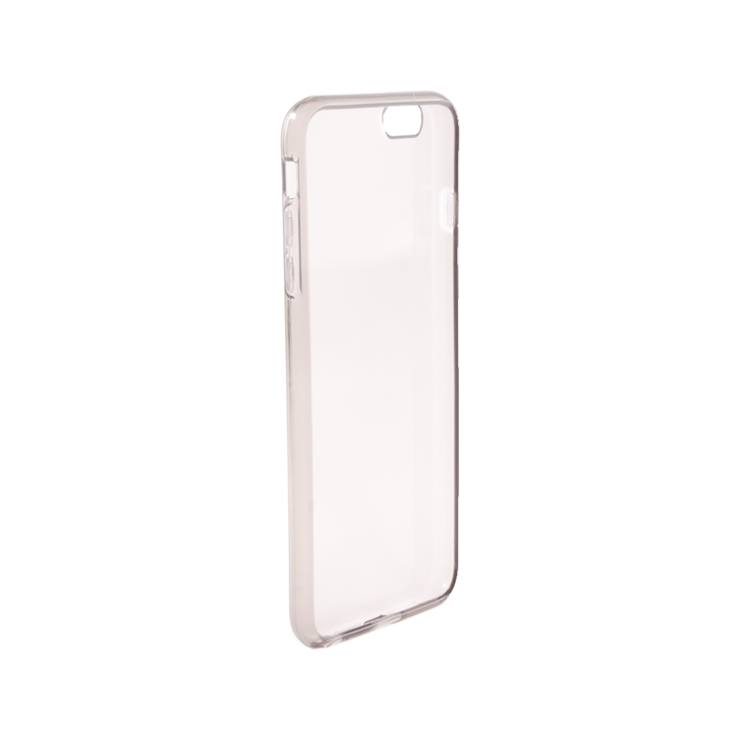 Funda transparente para teléfono, transparente, con recorte para la cámara y botones laterales, ligeramente inclinada hacia la derecha.