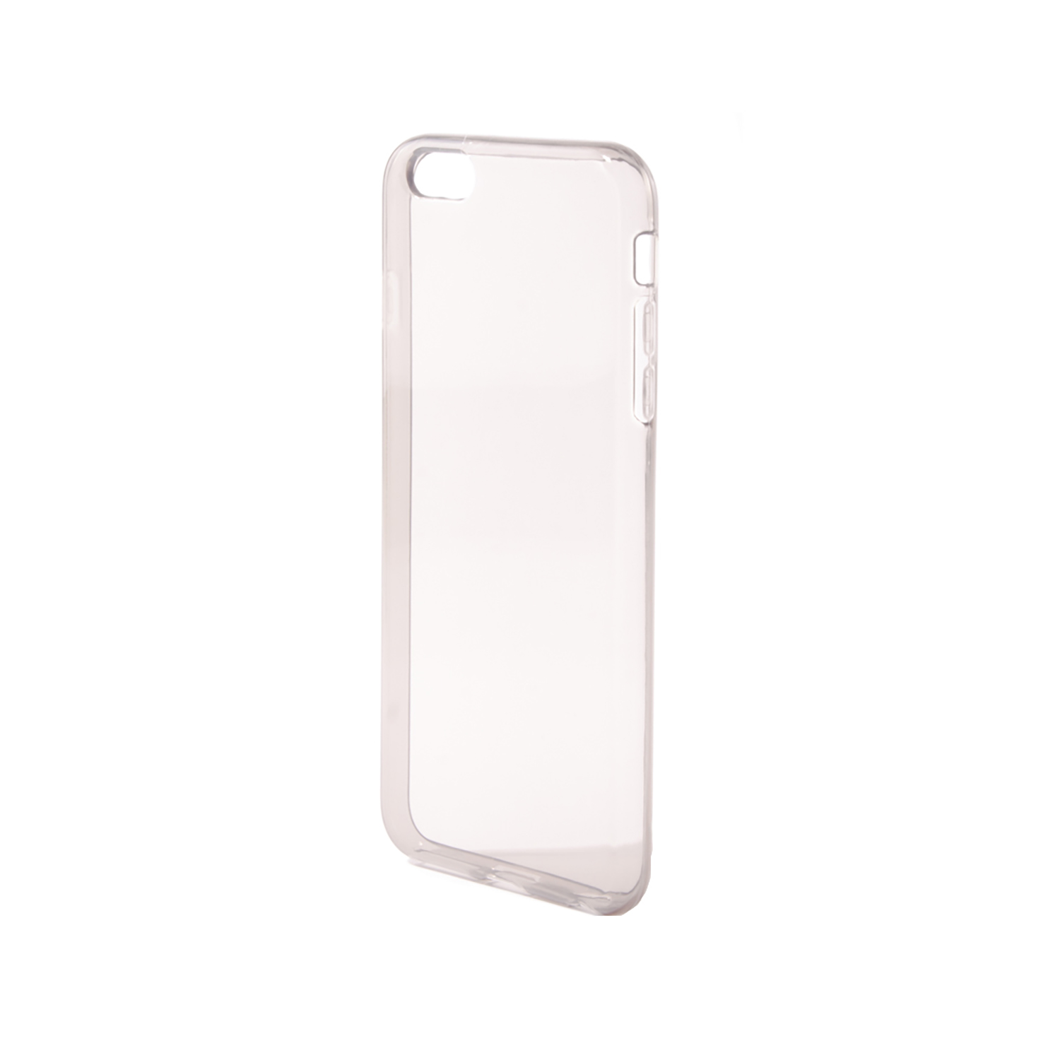 Funda transparente para teléfono. Tiene forma rectangular con esquinas redondeadas y recortes.