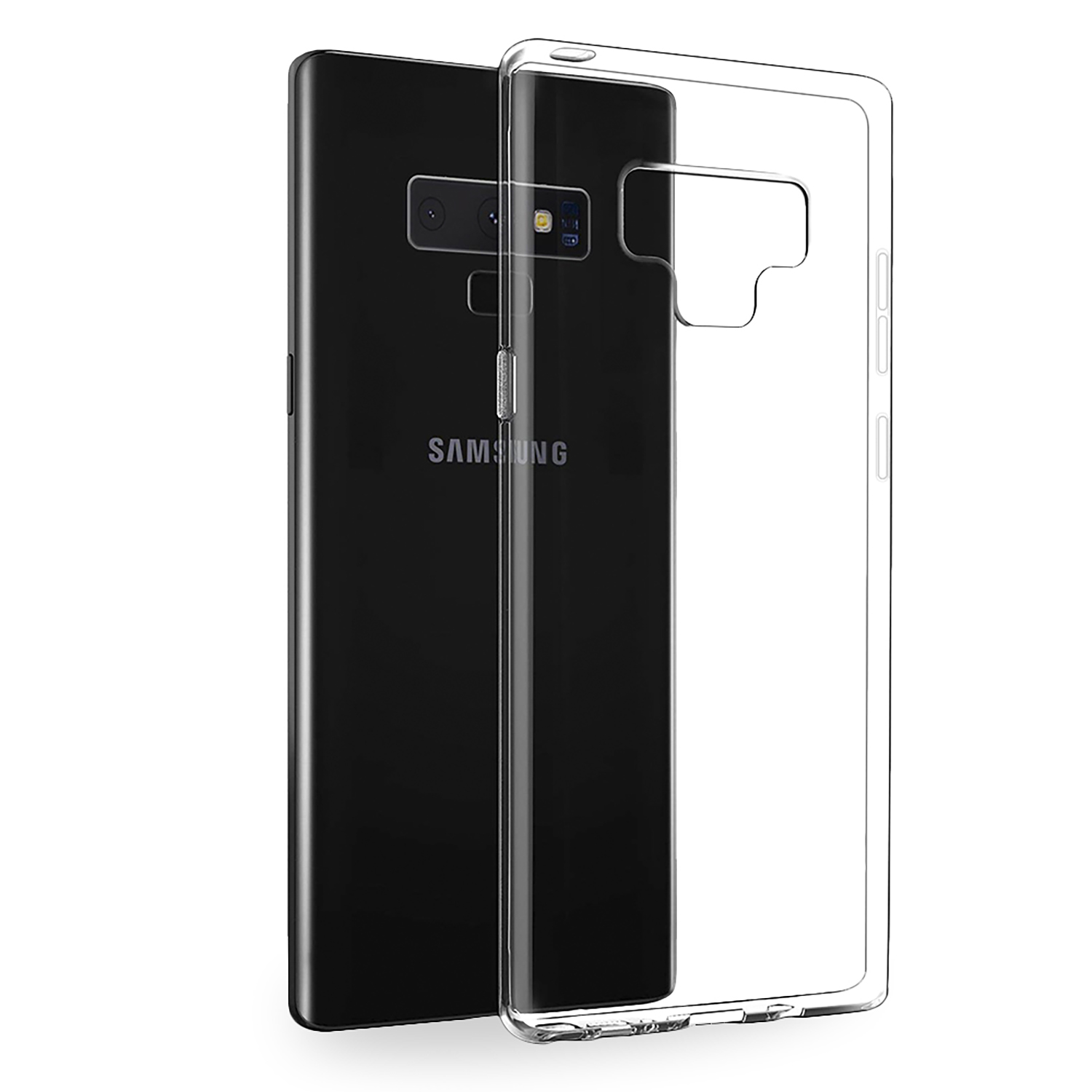 Un telefono nero e una custodia trasparente, il telefono è di lato.