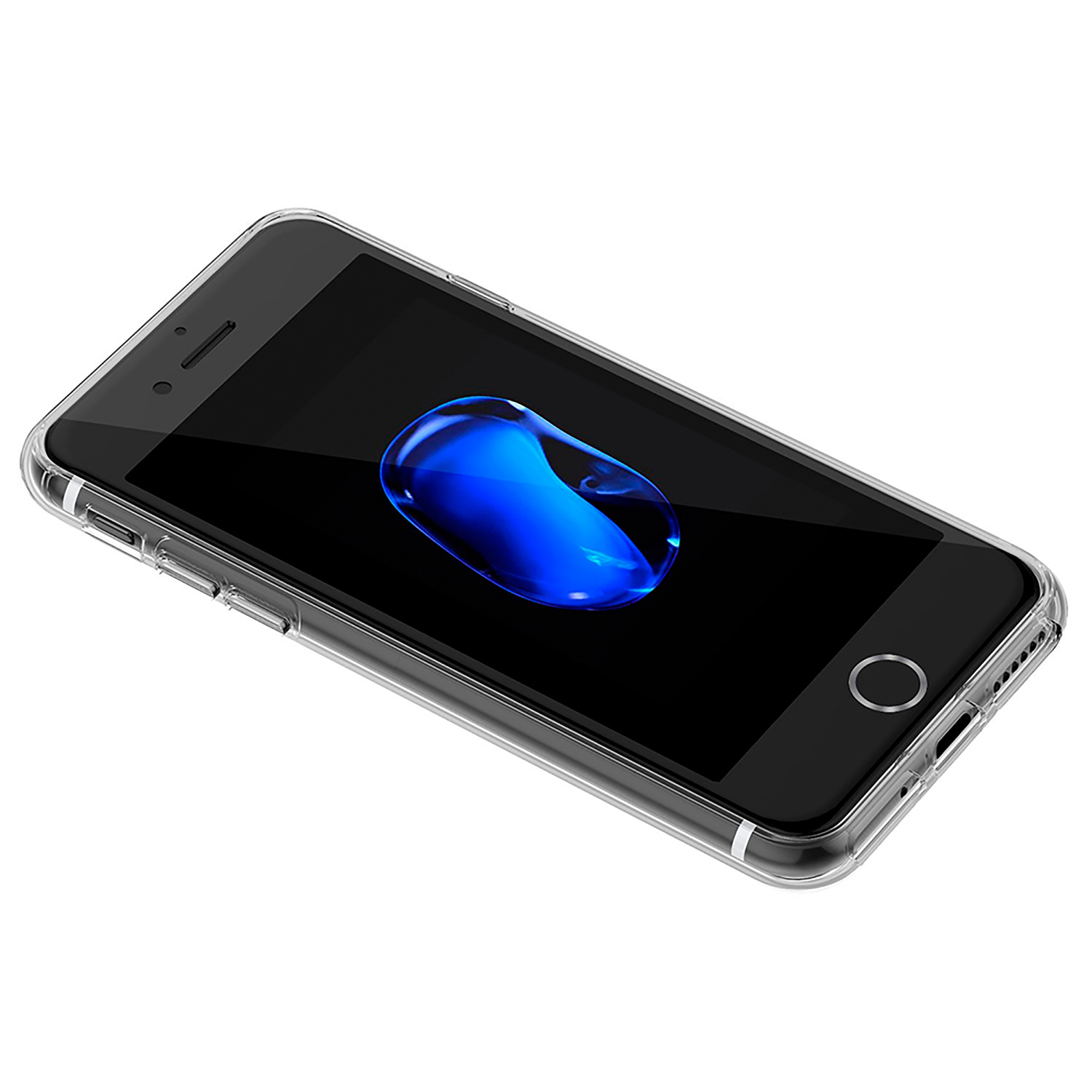 Un iPhone in una custodia trasparente, che mostra lo schermo. Lo schermo mostra un design blu.
