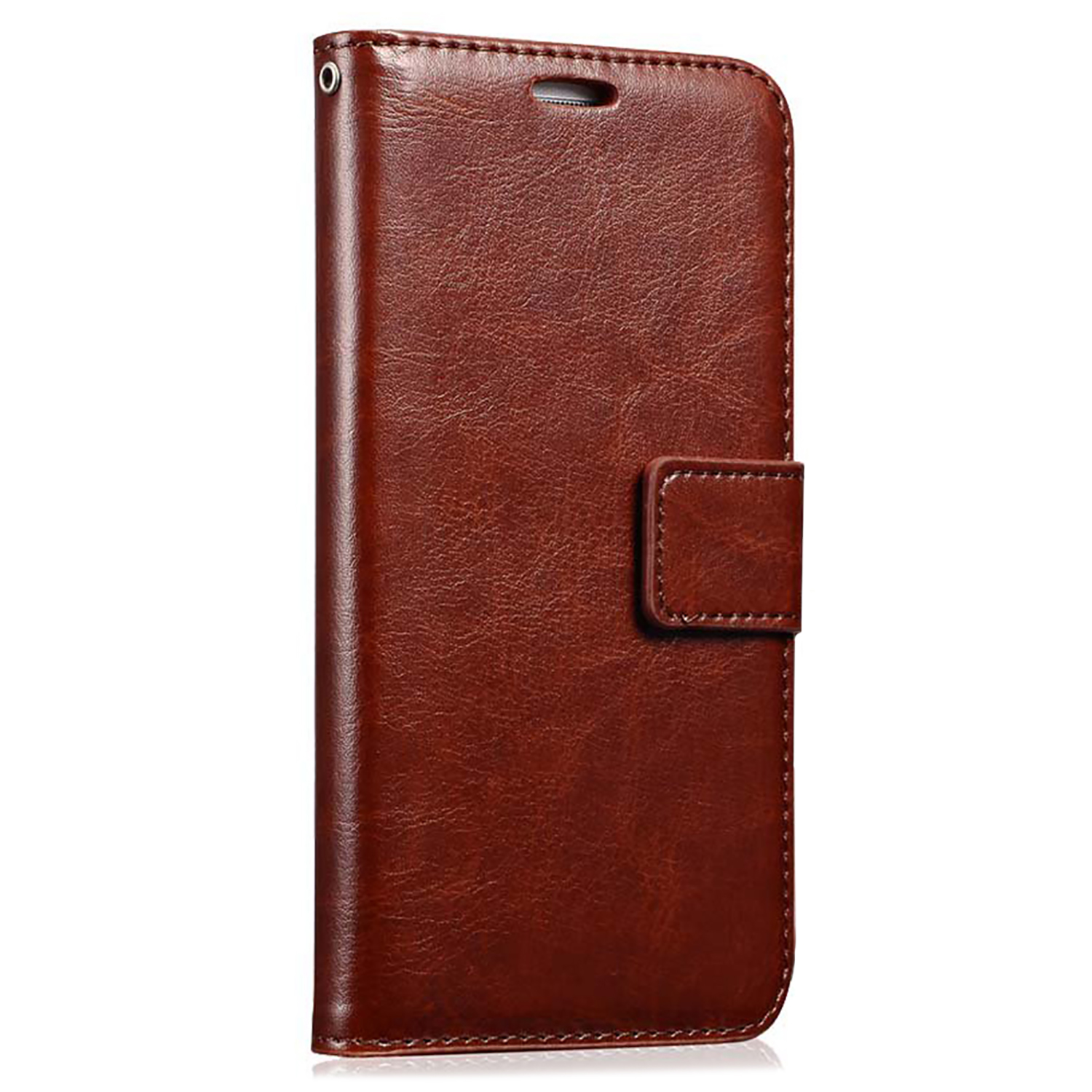 Custodia per telefono in pelle marrone chiusa con chiusura magnetica. La superficie è liscia e riflettente.