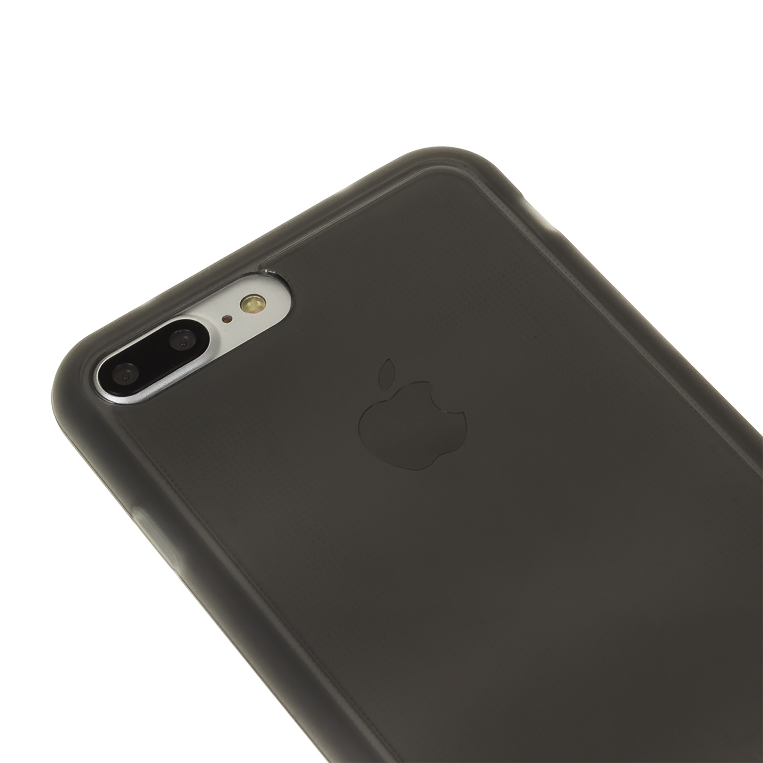 Primo piano di un telefono nero con custodia grigia, mostra il logo Apple.