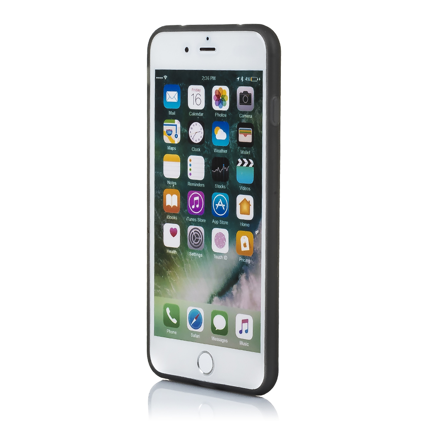 iPhone bianco con custodia nera. Lo schermo mostra icone di app su sfondo bianco.