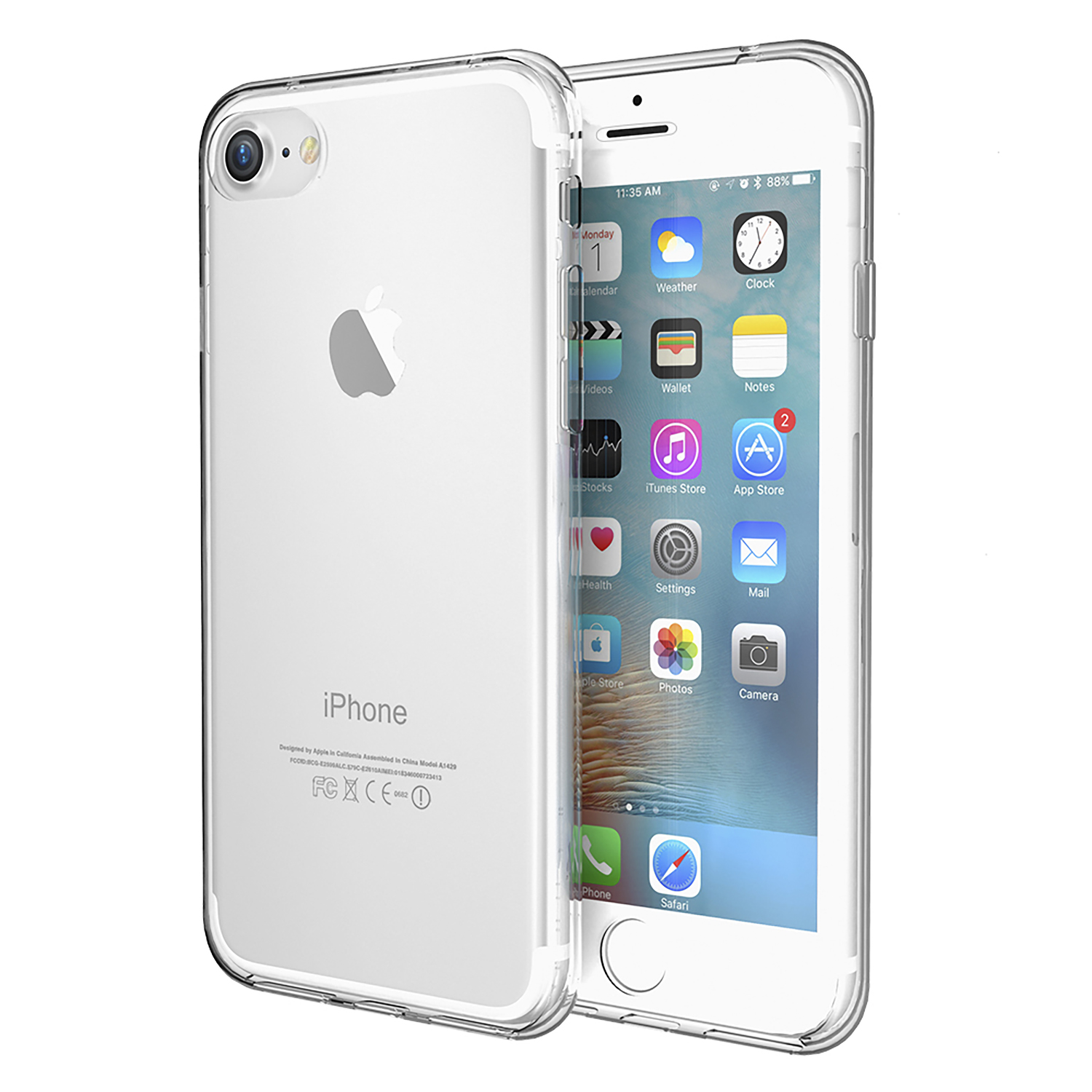 iPhone en funda transparente. El teléfono muestra la pantalla de inicio con apps. La funda es transparente.