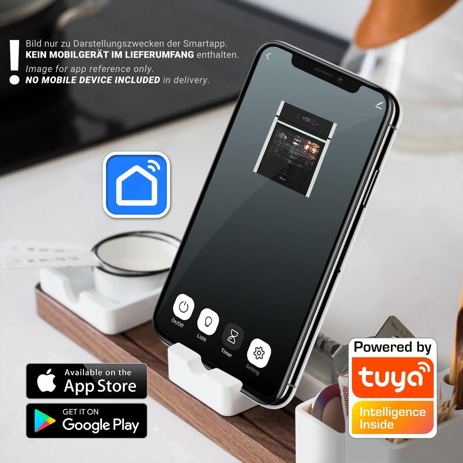 Ein Smartphone zeigt eine Home-App-Oberfläche mit einem Ofenbild und App-Buttons.