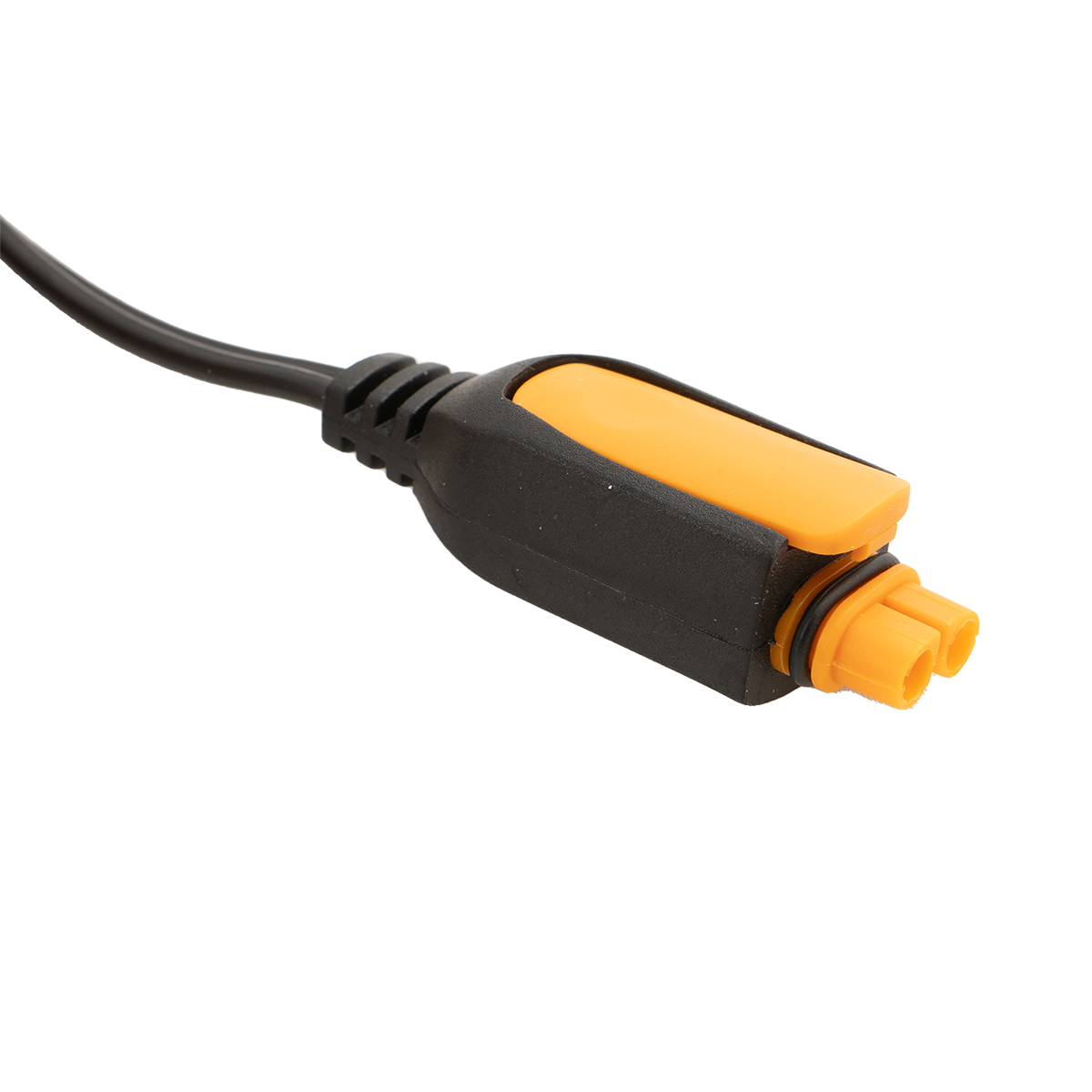 Ein schwarzes Kabel führt zu einem schwarzen Stecker mit einem orangefarbenen Hebel und zwei orangefarbenen Kontakten.