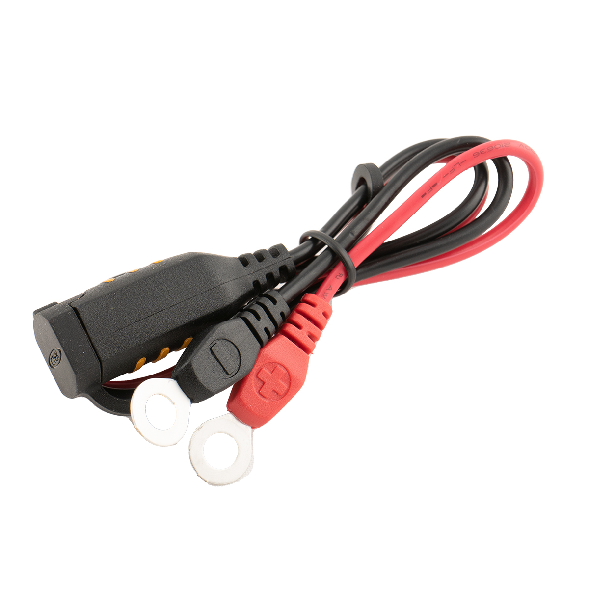 Ein schwarzes und ein rotes Kabel mit Ringanschlüssen und einem schwarzen Stecker.