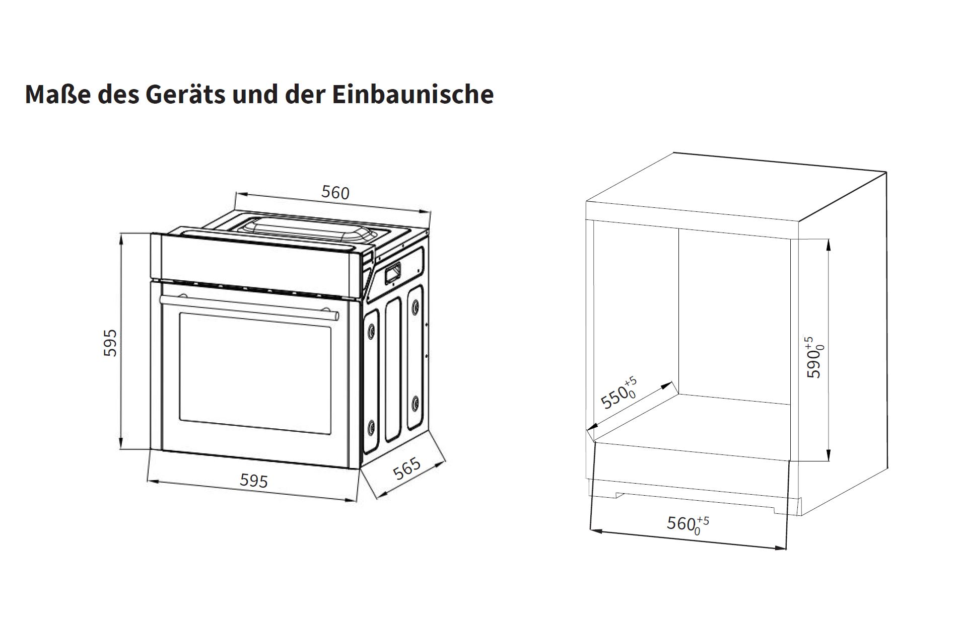 Ofen-Schema mit Abmessungen. Der Text oben sagt: Abmessungen des Geräts und der Einbaunische.