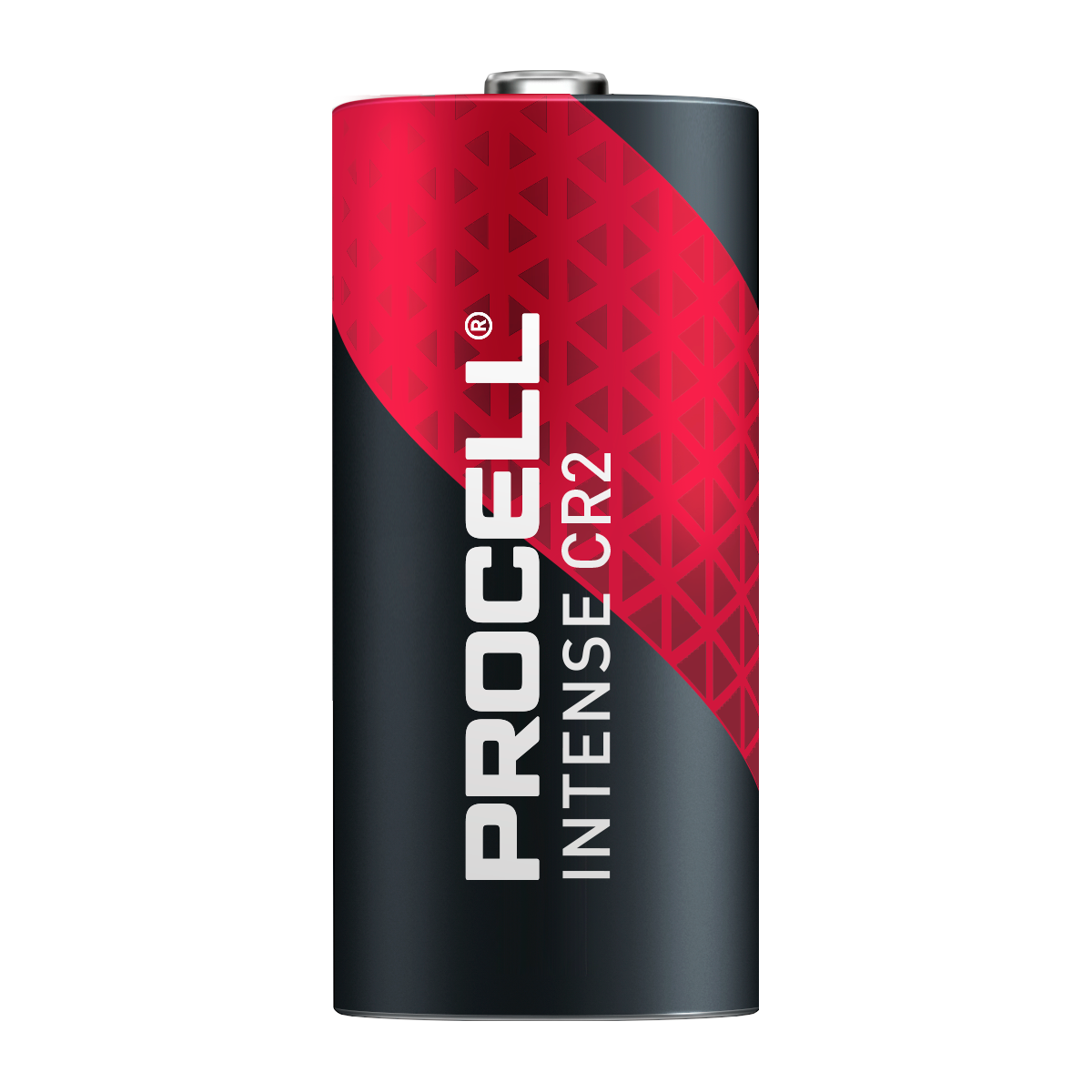 Eine Procell Intense CR2 Batterie, schwarz mit roten Akzenten, auf schwarzem Hintergrund.