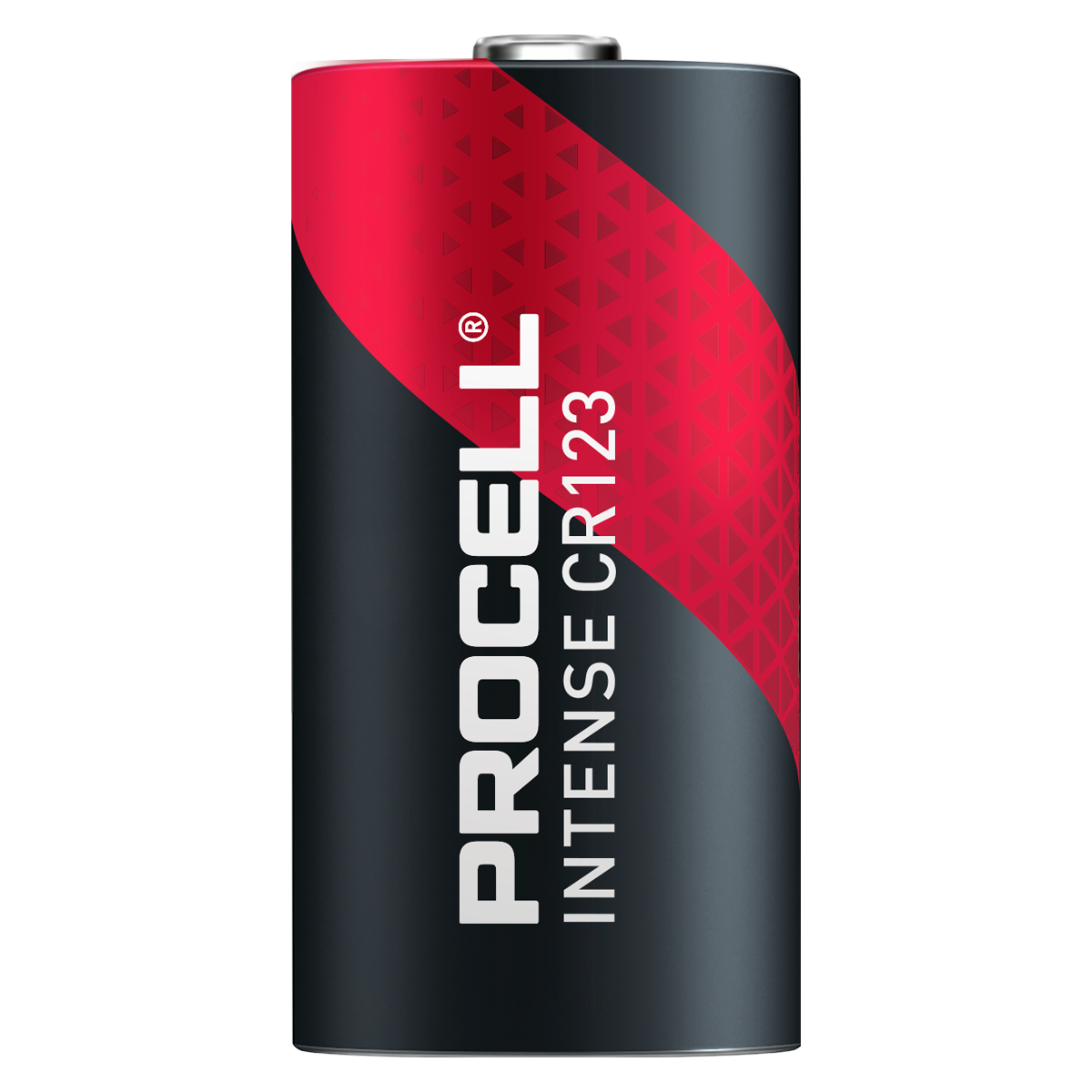 Zylindrische Batterie, schwarz mit roten diagonalen Streifen und weißem Text.