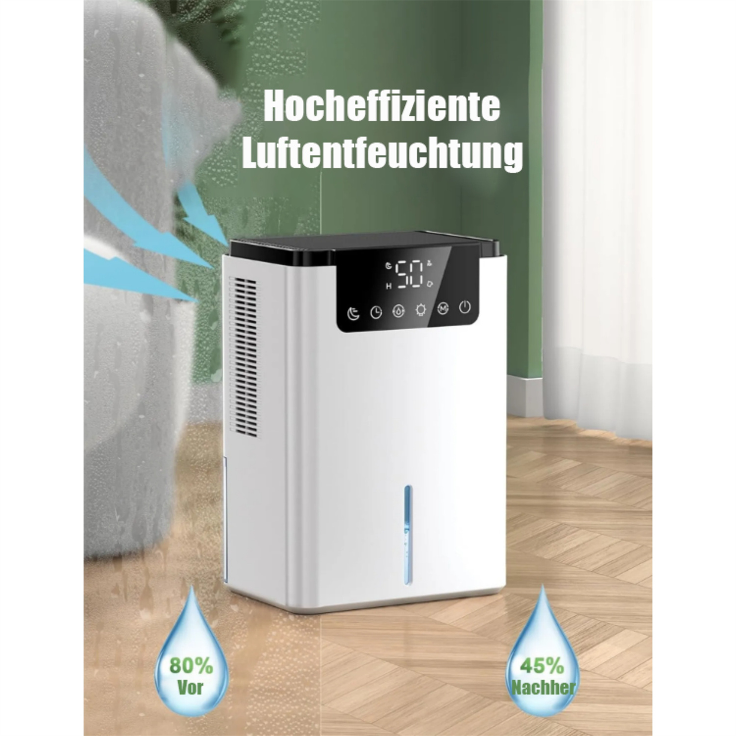 Ein weißer Luftentfeuchter mit digitaler Anzeige und Wasserstandsanzeige, der die Luftfeuchtigkeitsreduzierung veranschaulicht.