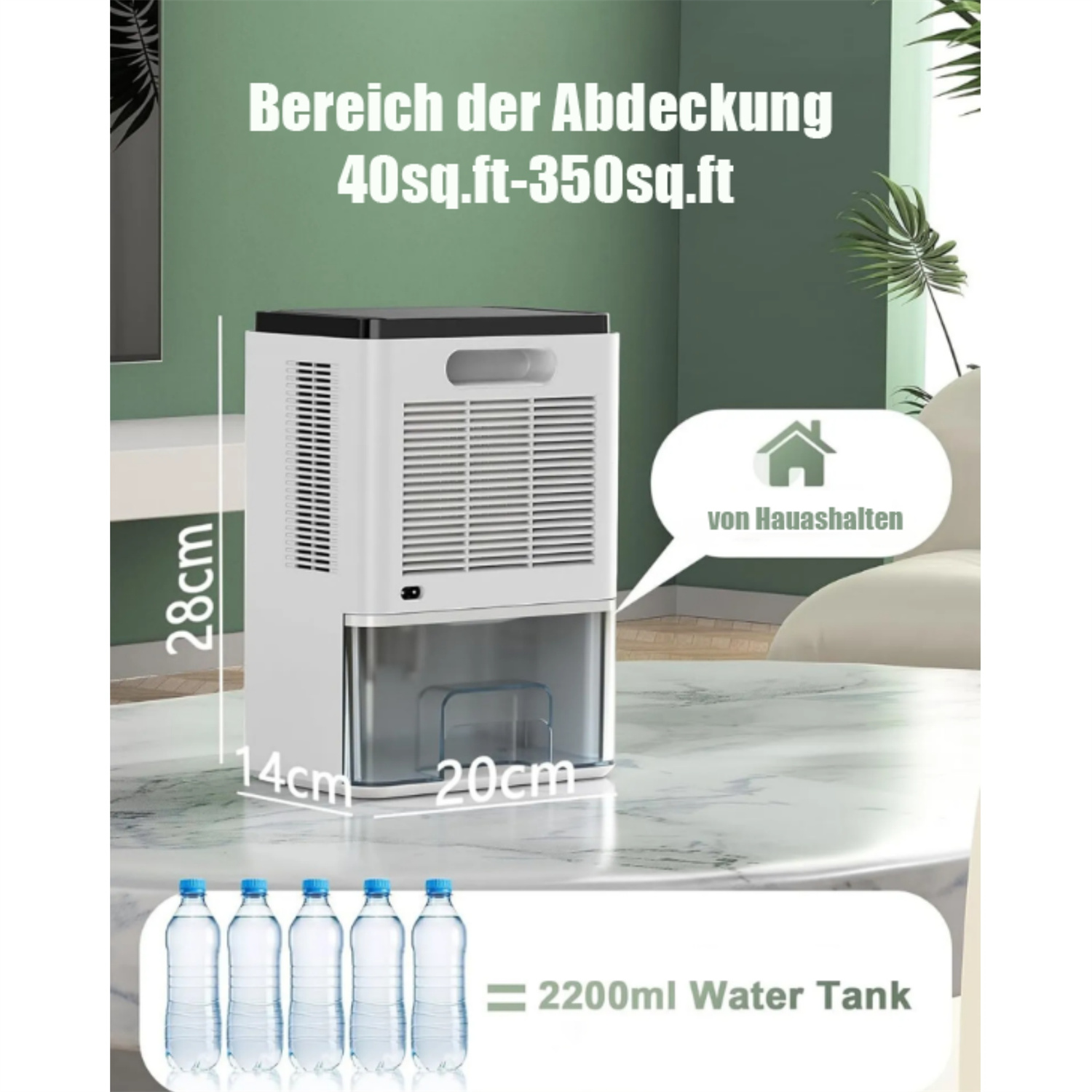 Weißer Luftentfeuchter auf einem Marmortisch, mit Abmessungen und einer Wassertankgrafik. Darunter 5 Wasserflaschen.