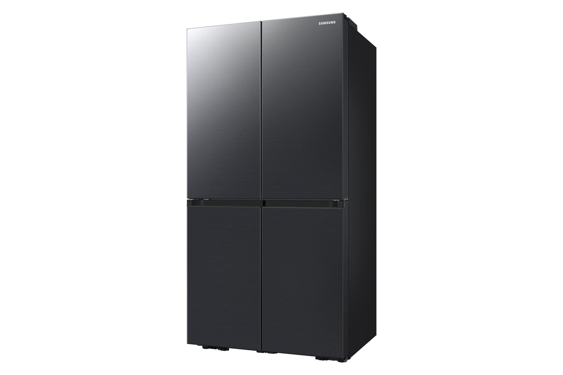 Ein schwarzer Samsung Kühlschrank mit vier Türen und dunklem Hintergrund.