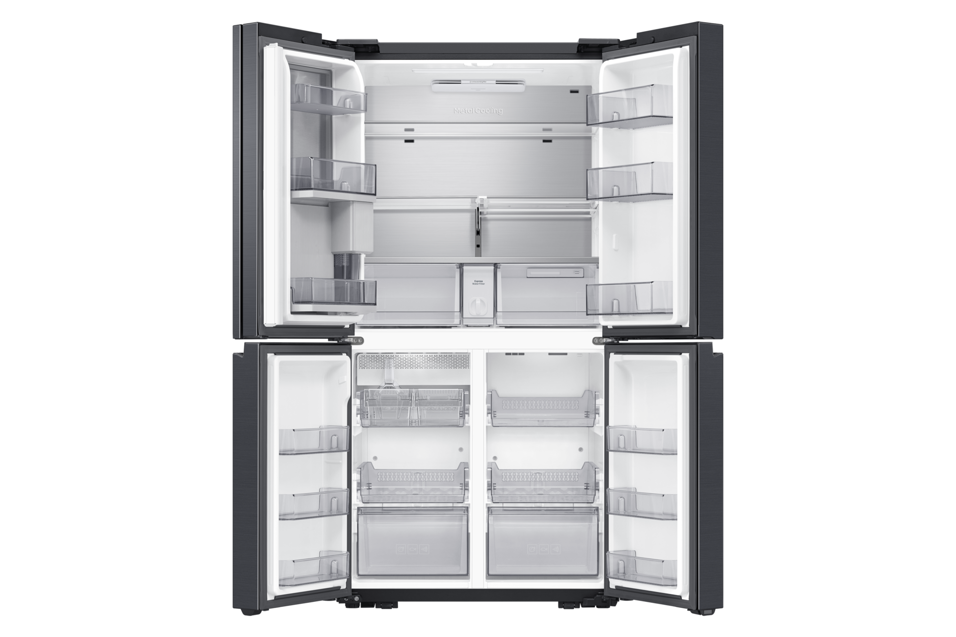 Ein moderner offener Kühlschrank mit mehreren Fächern, Regalen und Schubladen, auf dunklem Hintergrund.