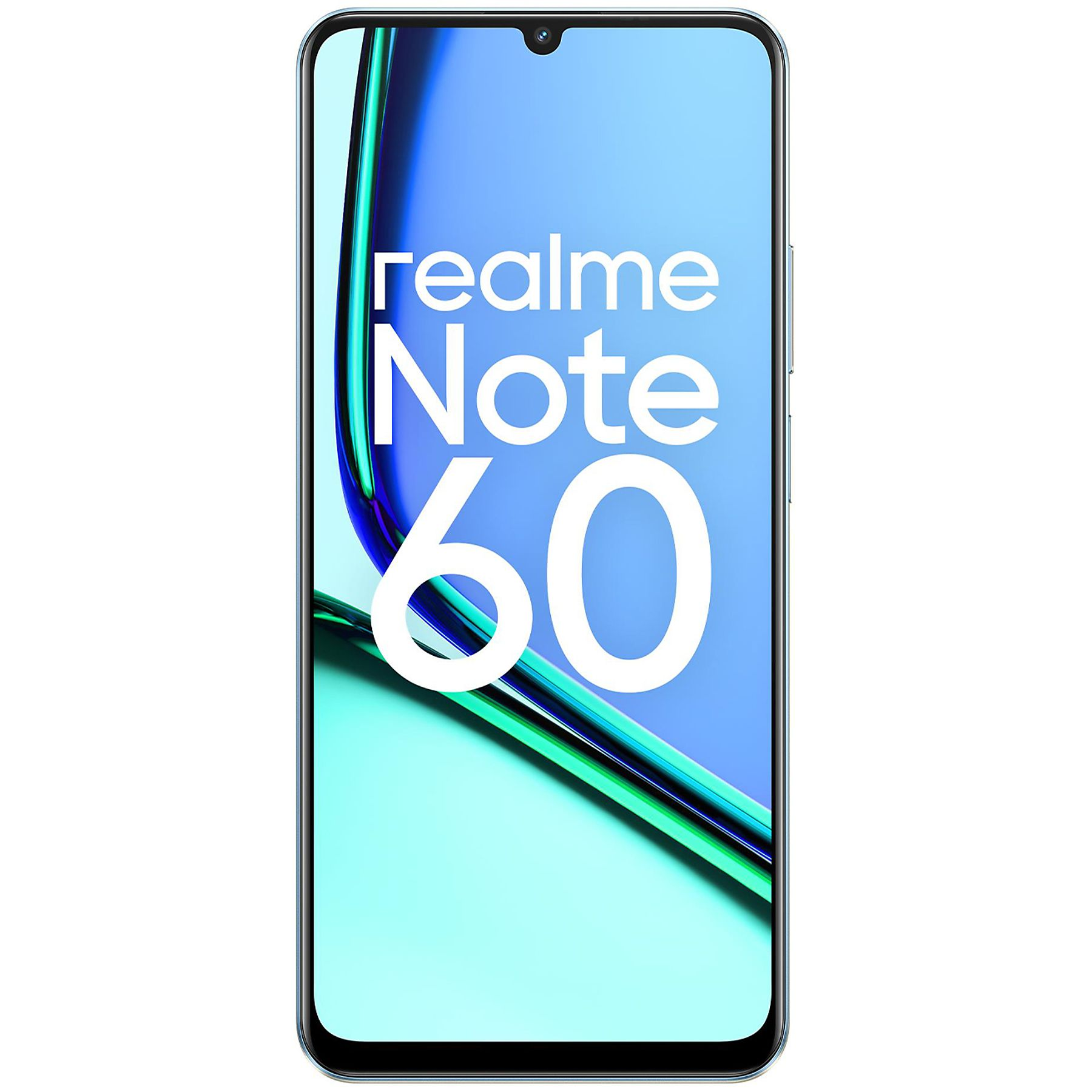 Pantalla de smartphone con texto 'realme Note 60' sobre fondo azul y verde azulado.