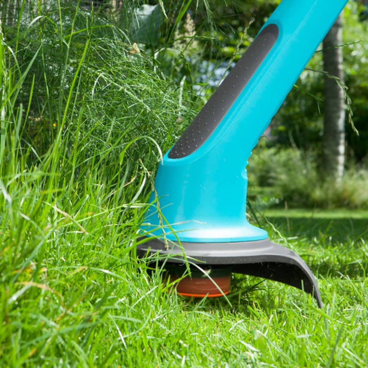 Ein blau-schwarzer Rasentrimmer schneidet grünes Gras. Das Gras ist im Vordergrund.