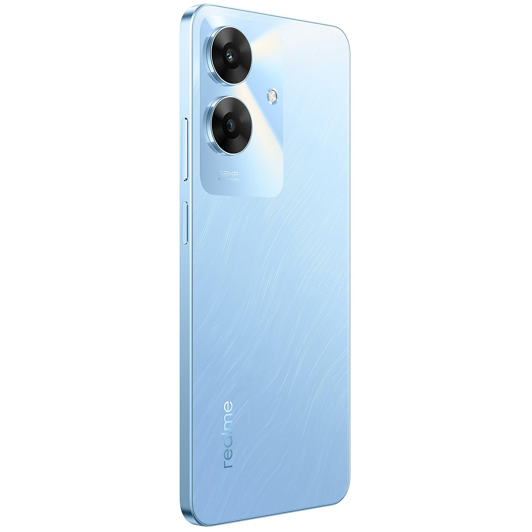 Parte trasera de smartphone azul, doble cámara, con diseño degradado azul claro, fondo blanco.