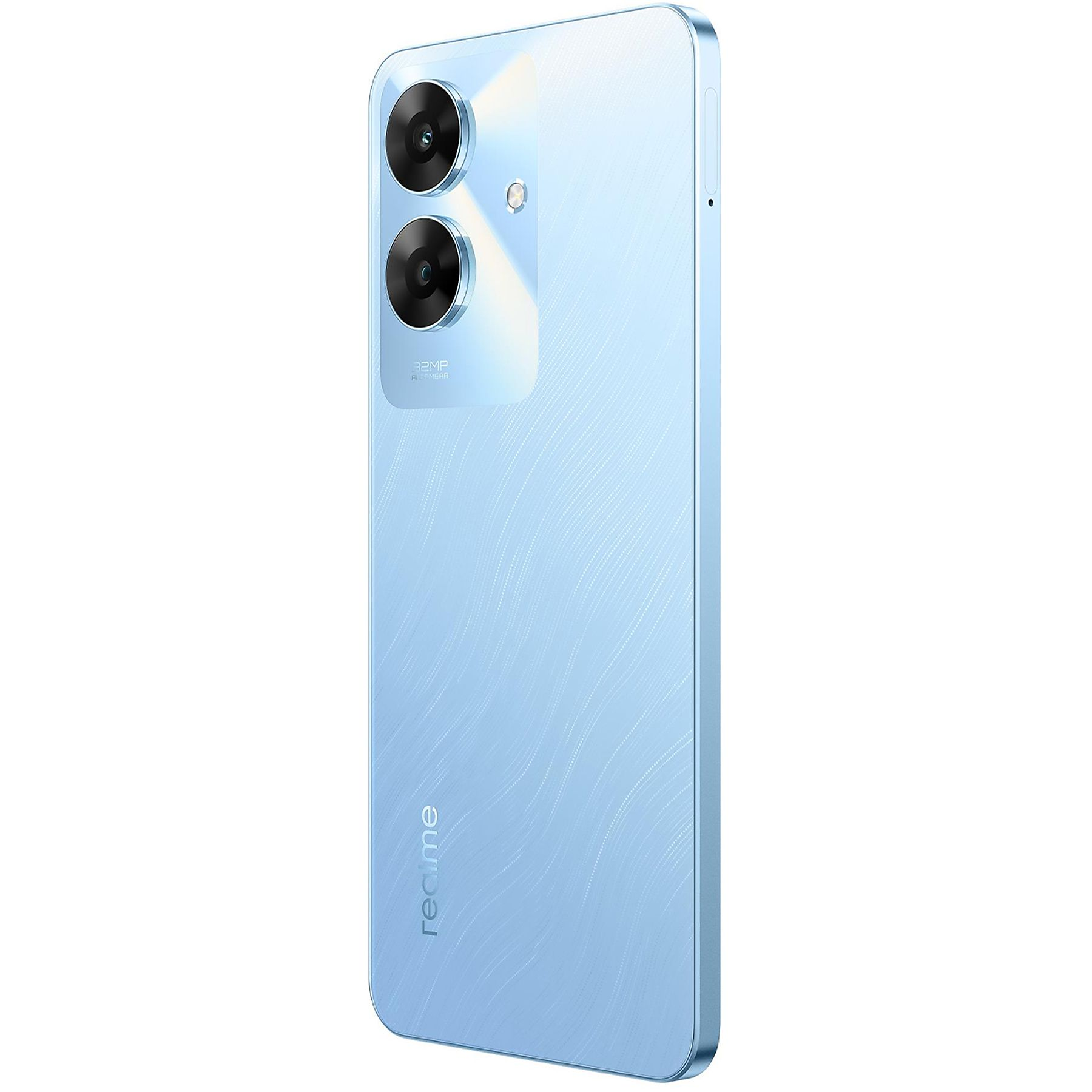 Smartphone azul claro con configuración de doble cámara, vista trasera. Fondo blanco.