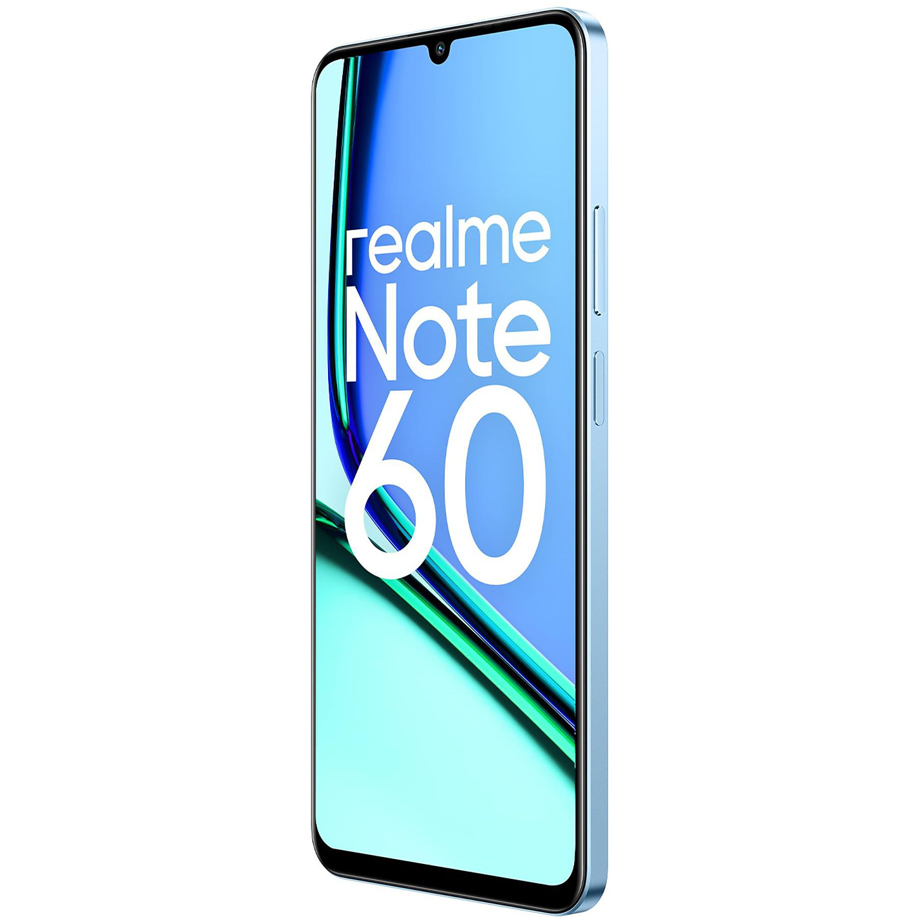 Teléfono realme Note 60 azul con texto en pantalla. El teléfono sobre fondo blanco.