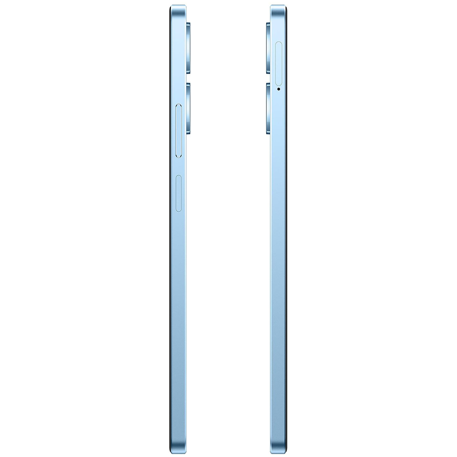 Dos smartphones celeste claro uno al lado del otro, con botones y cámaras visibles.