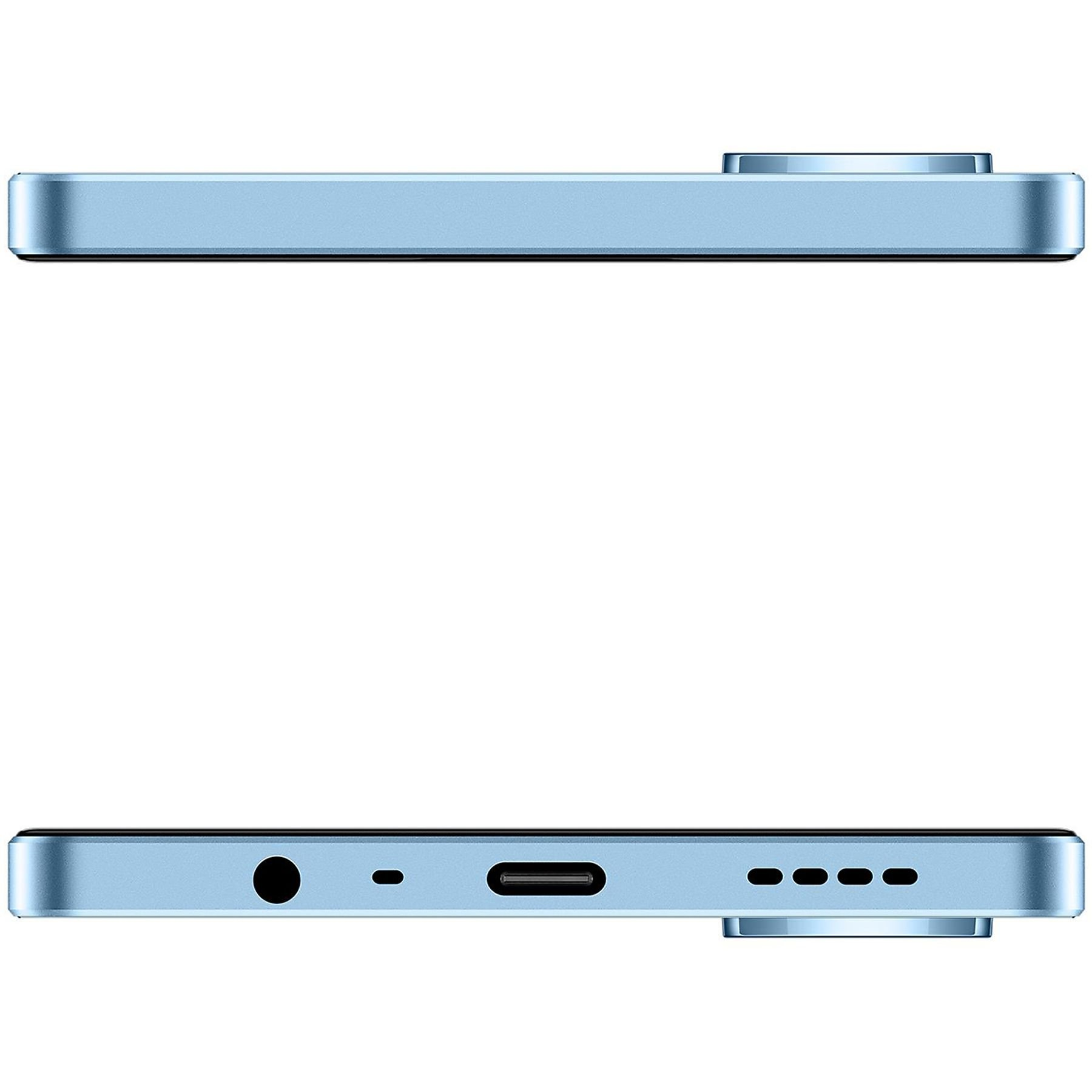 Vista superior e inferior de un teléfono azul claro con varios puertos y botones.