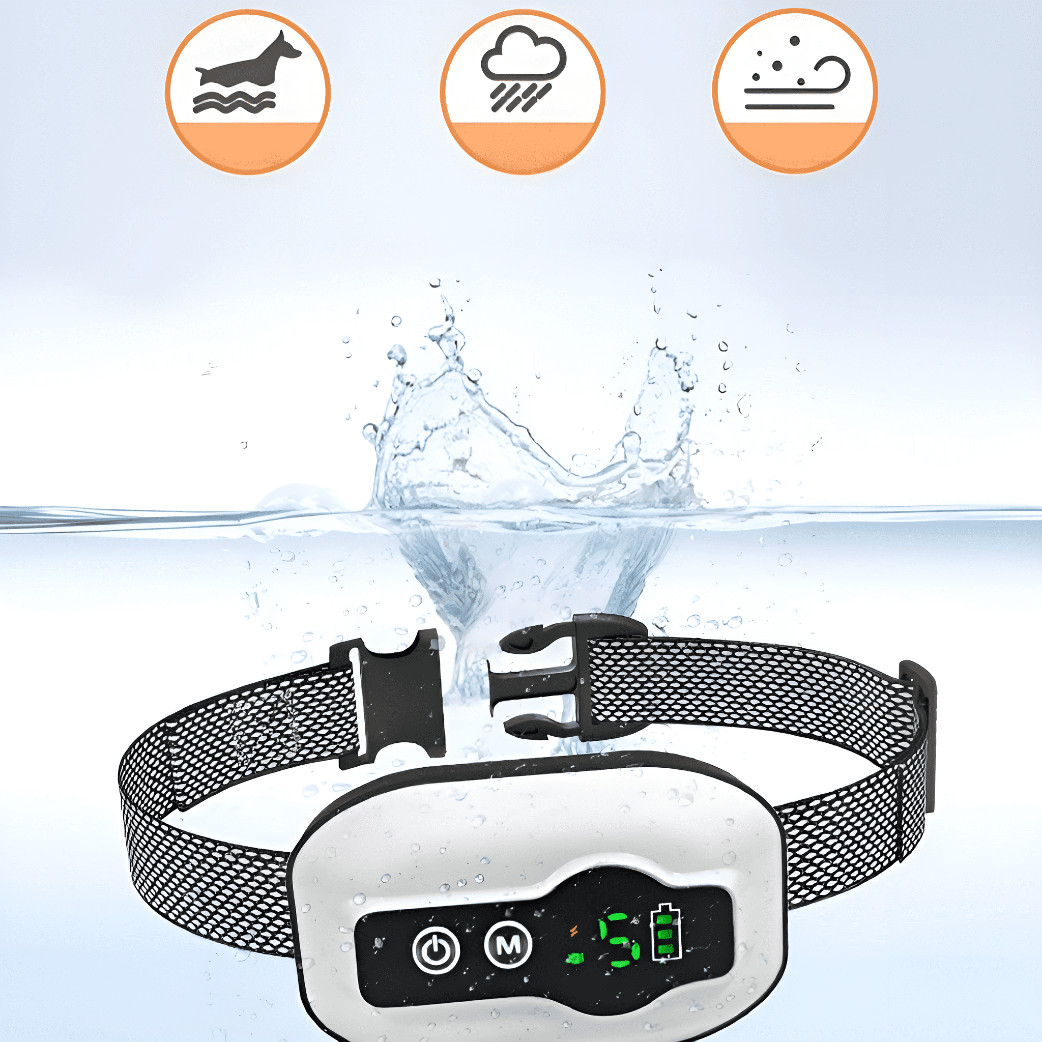 Ein schwarz-weißes Hundehalsband im Wasser. Darüber befinden sich Symbole für Hund, Regen und Staub.