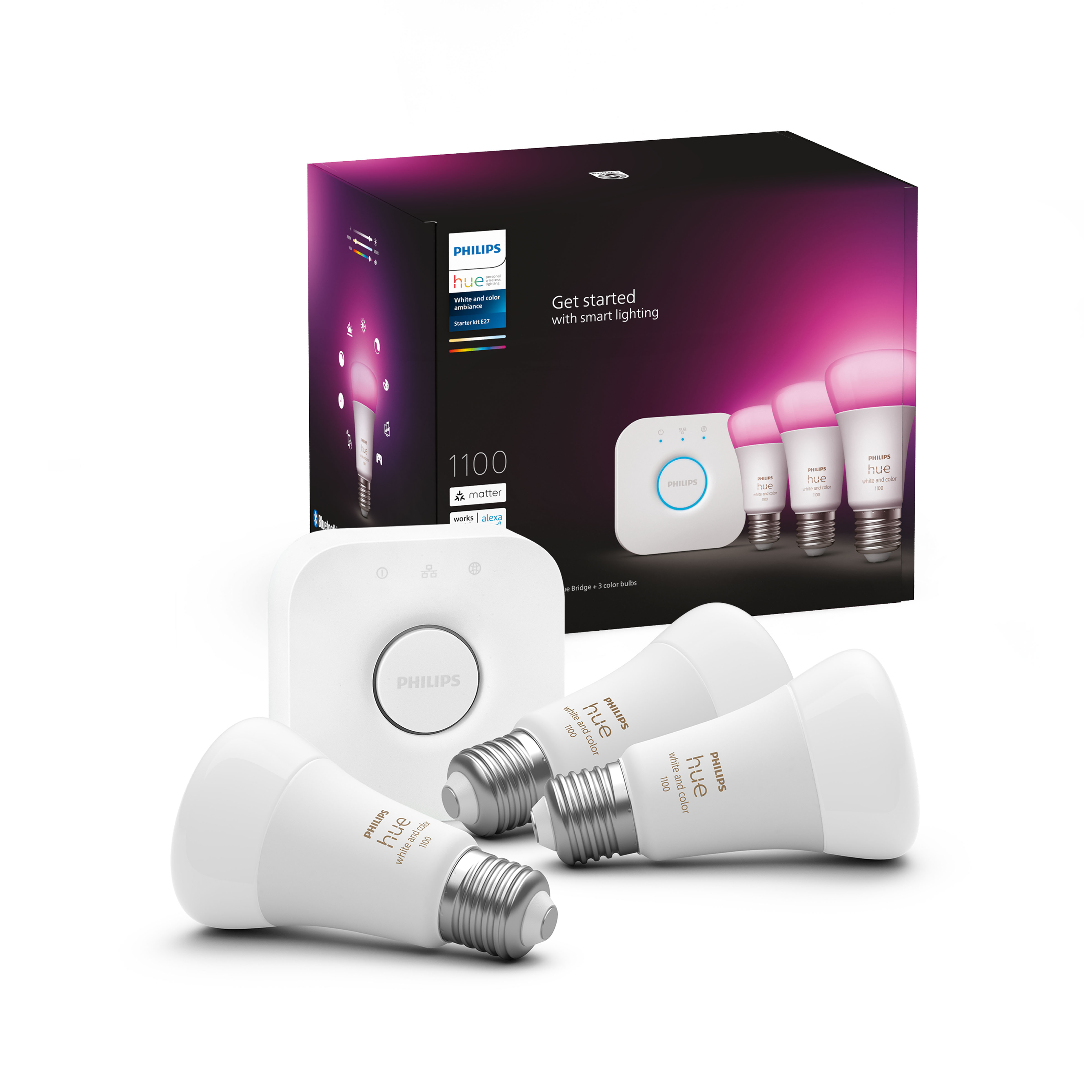 Philips Hue Smart-Beleuchtungsset mit Box, Bridge und Glühbirnen. Glühbirnen sind weiß.