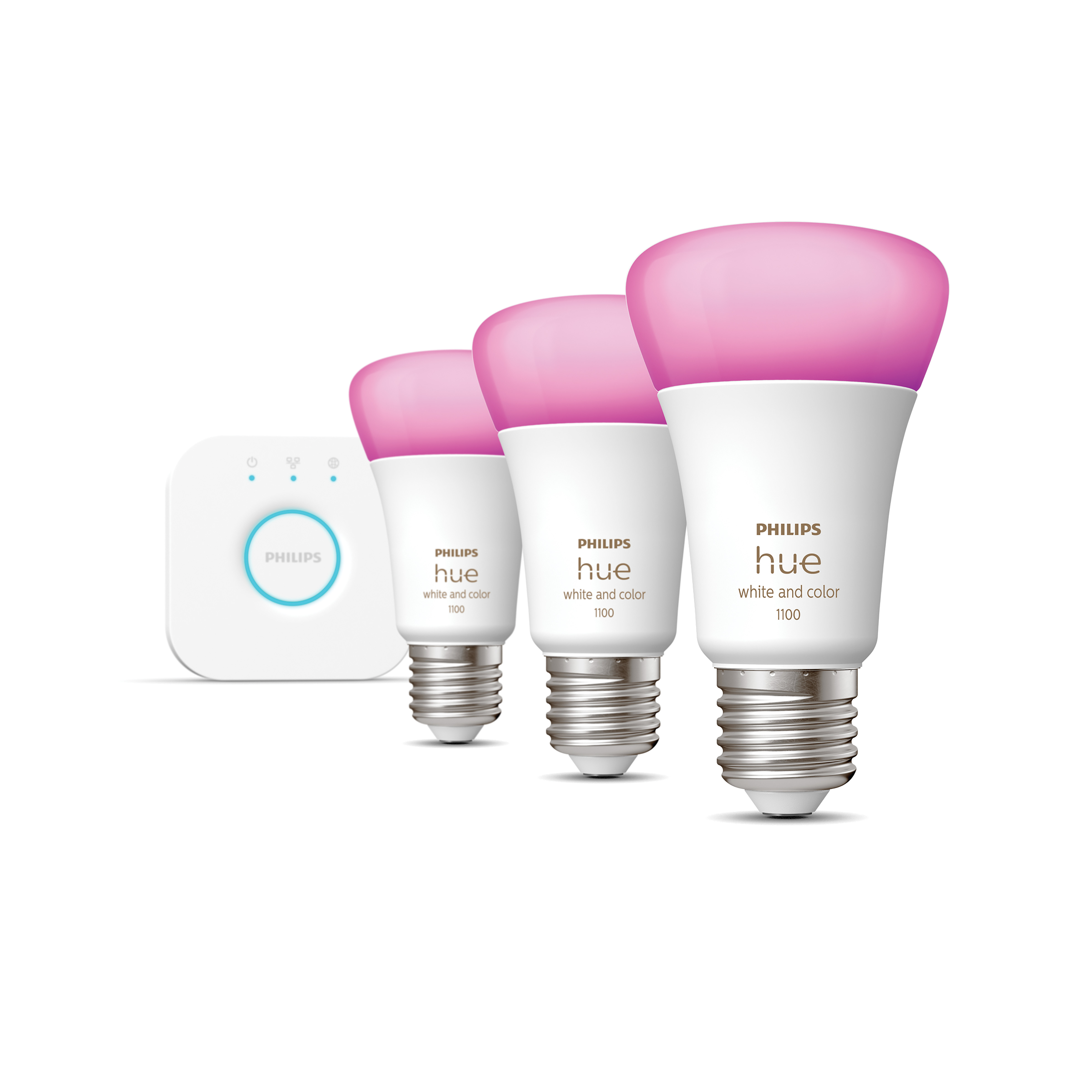 Drei weiße und pinkfarbene Smart-Lampen und ein weißer Hub.