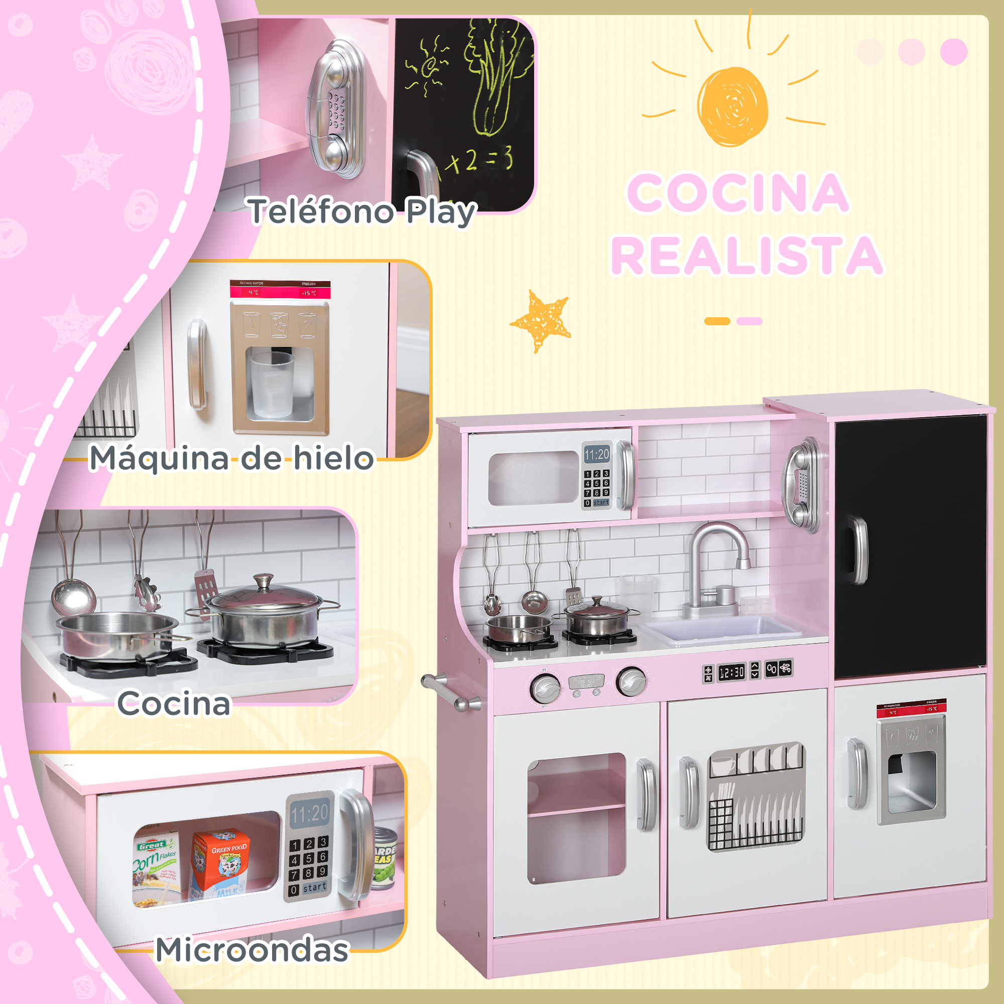 Cocina de juguete rosa con accesorios. Incluye nevera, microondas y estufa. Fondo blanco.