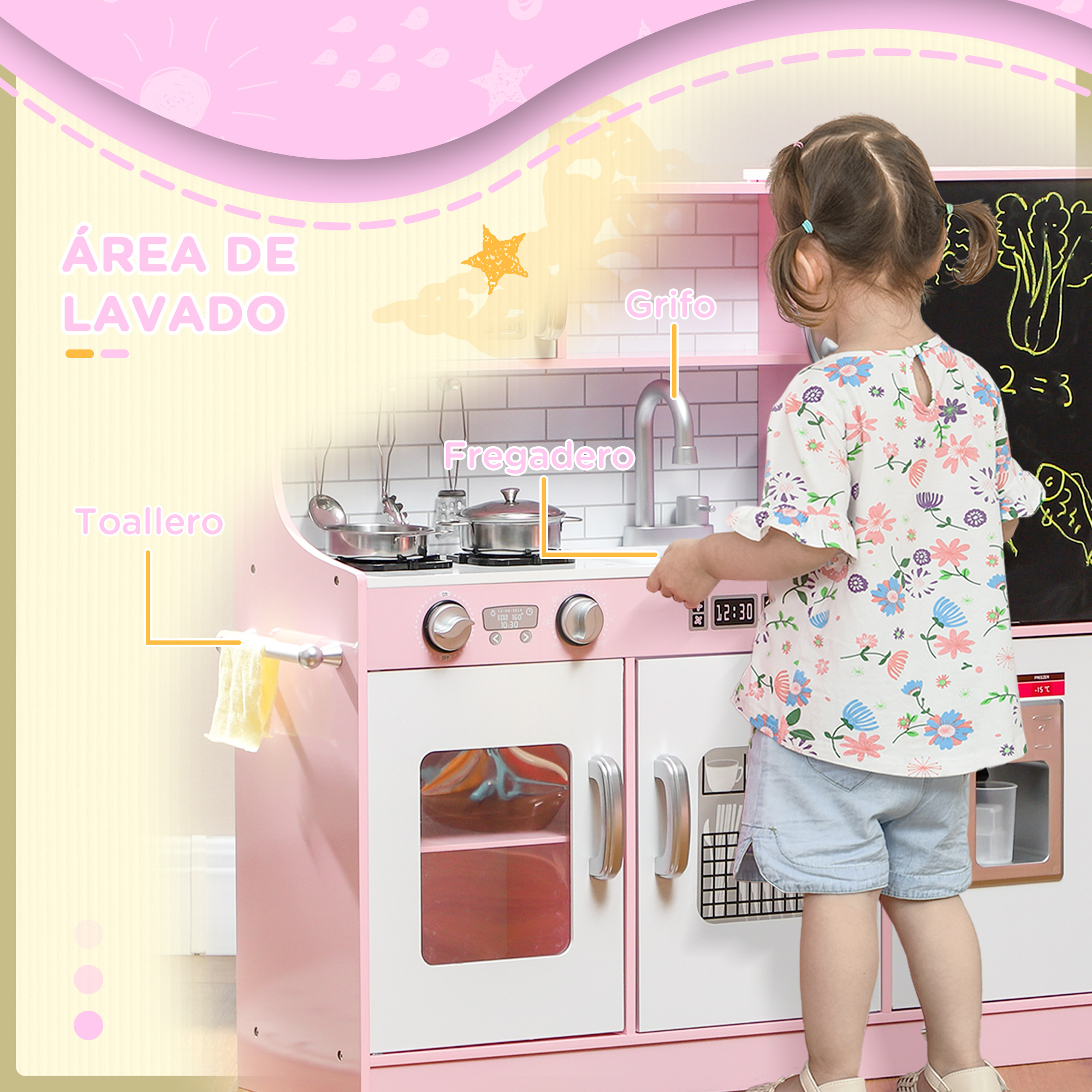 Niña jugando con un juego de cocina rosa.