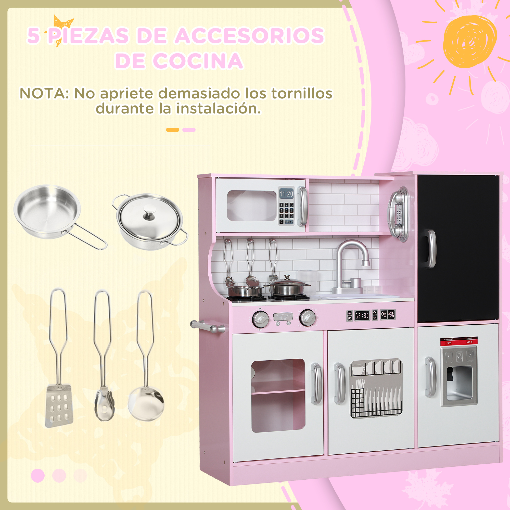 Juego de cocina infantil rosa con accesorios, incluyendo microondas y utensilios de cocina.