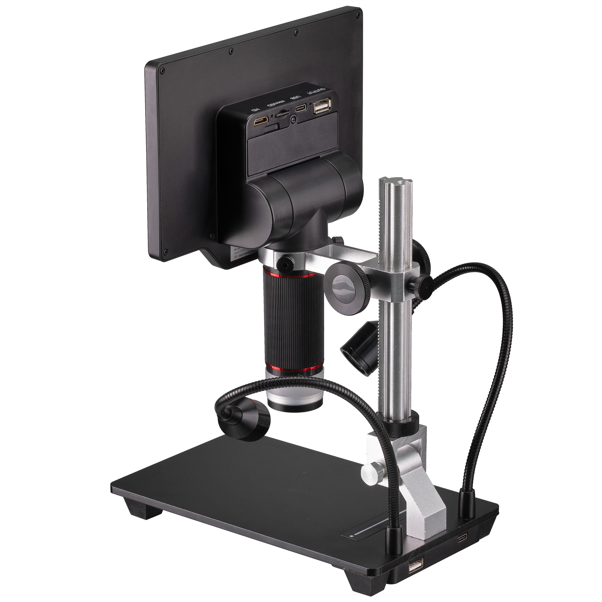 Microscopio con pantalla. Soporte metálico y base negra. Puertos USB arriba. Luces flexibles.