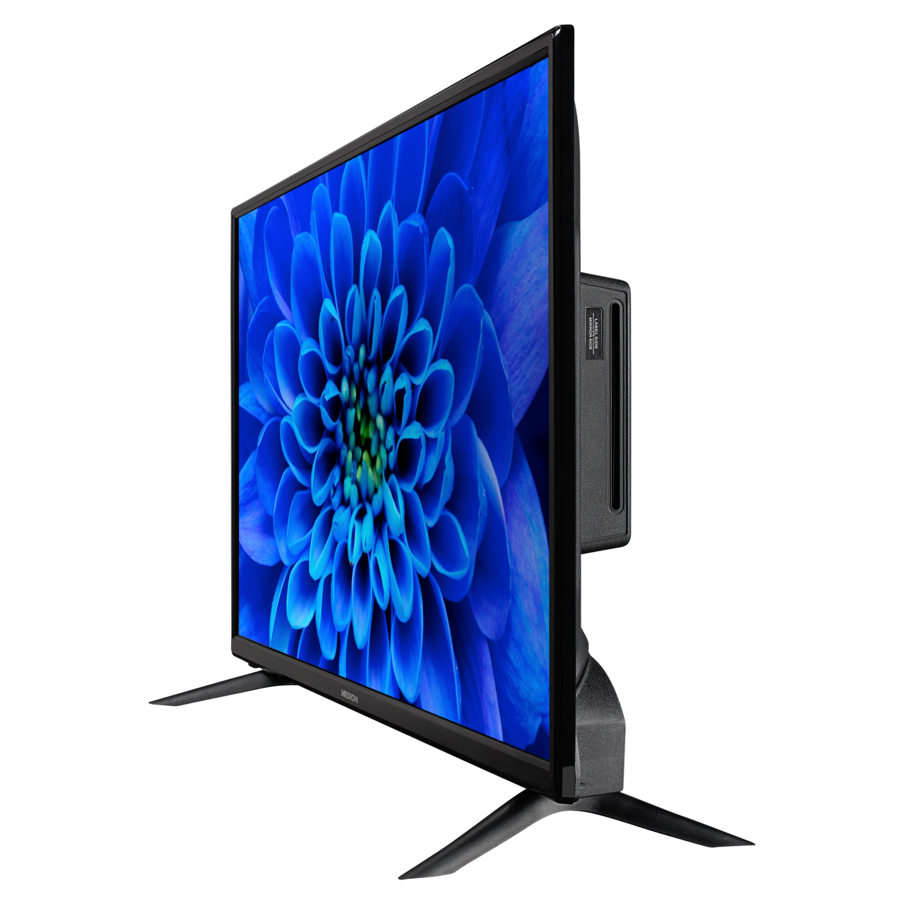 Een tv met een blauwe bloemenafbeelding op het scherm.