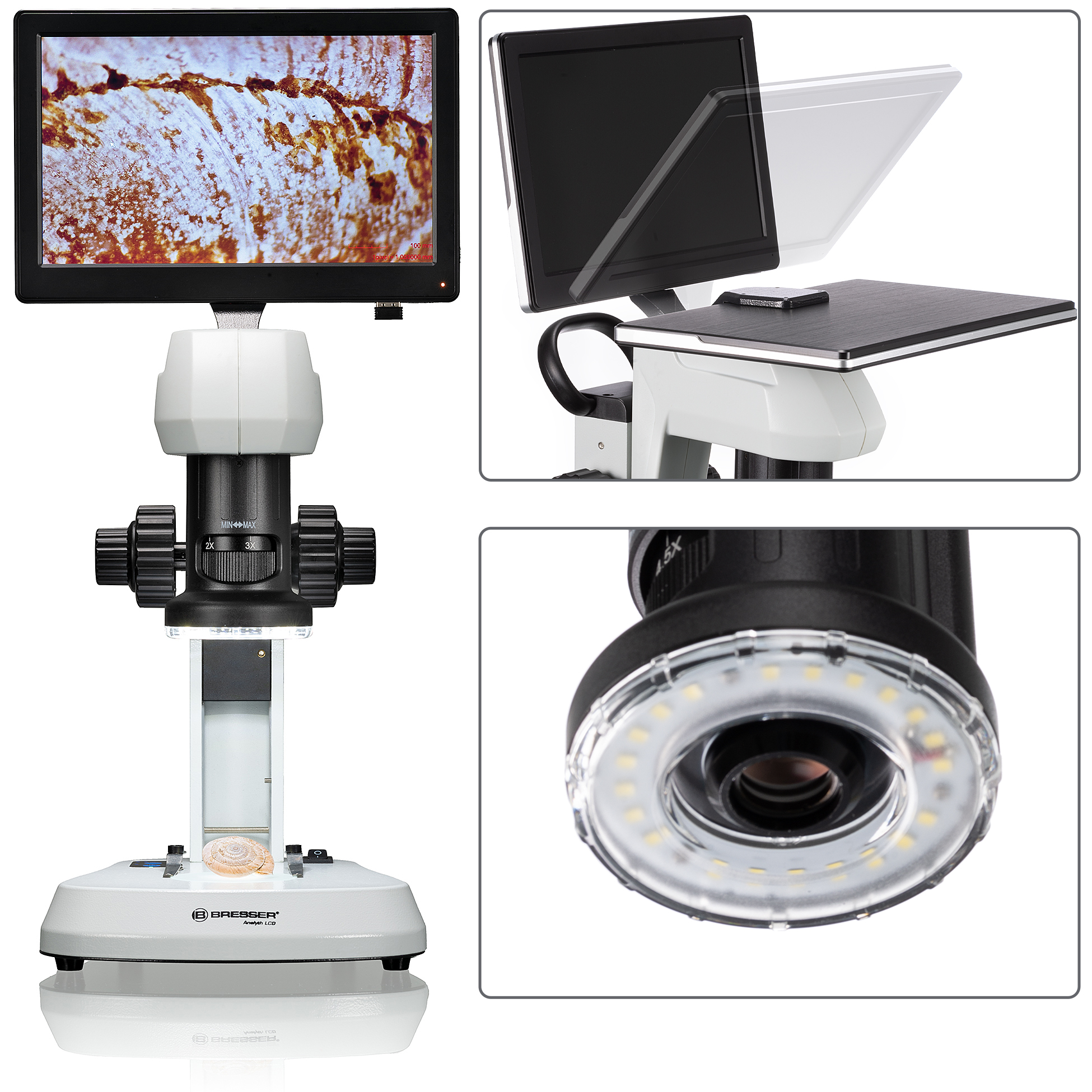 Microscopio con pantalla y vistas detalladas. La pantalla muestra una muestra.