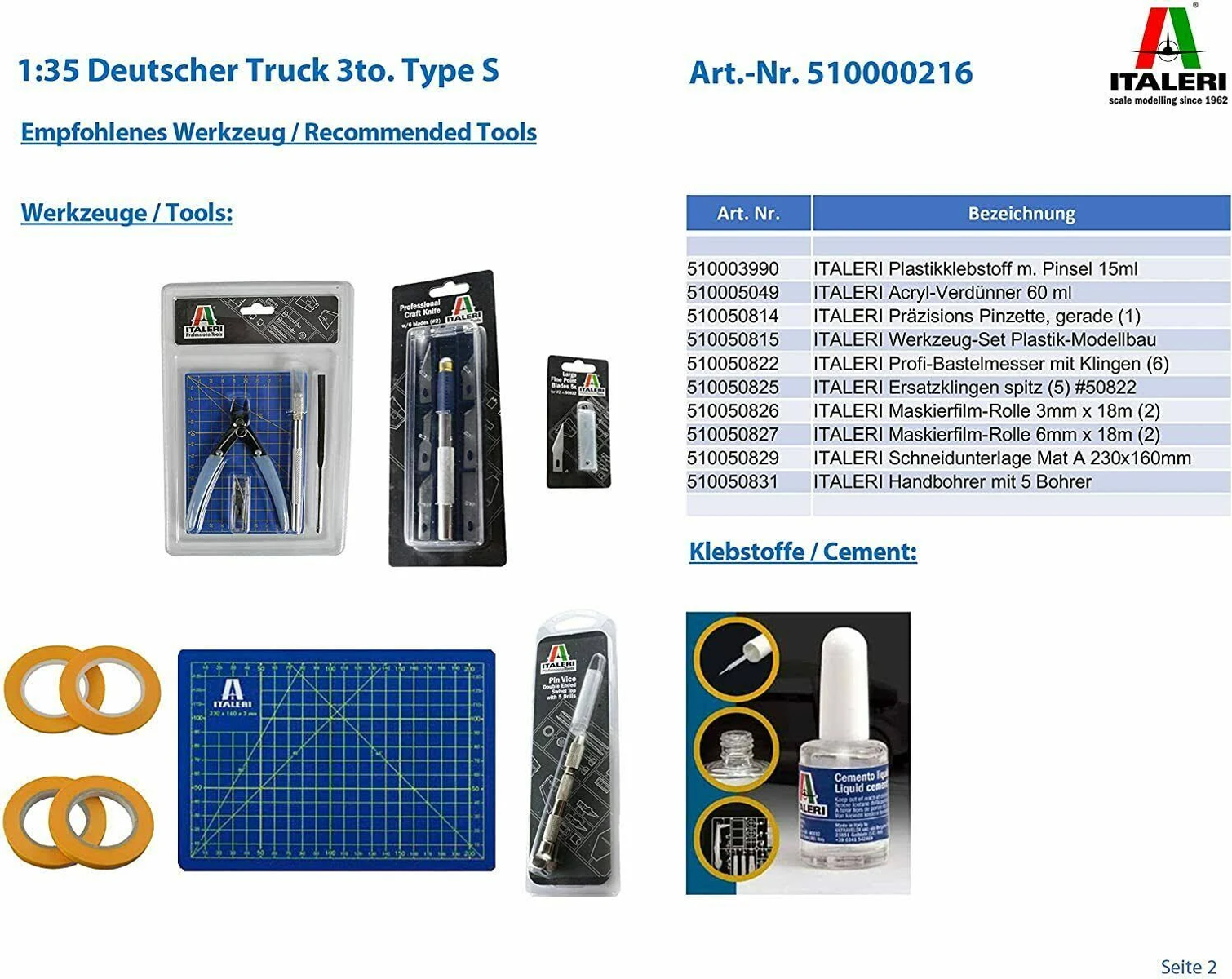 Modelbouwgereedschap en -materialen, waaronder verf, cutters en lijm, worden getoond.