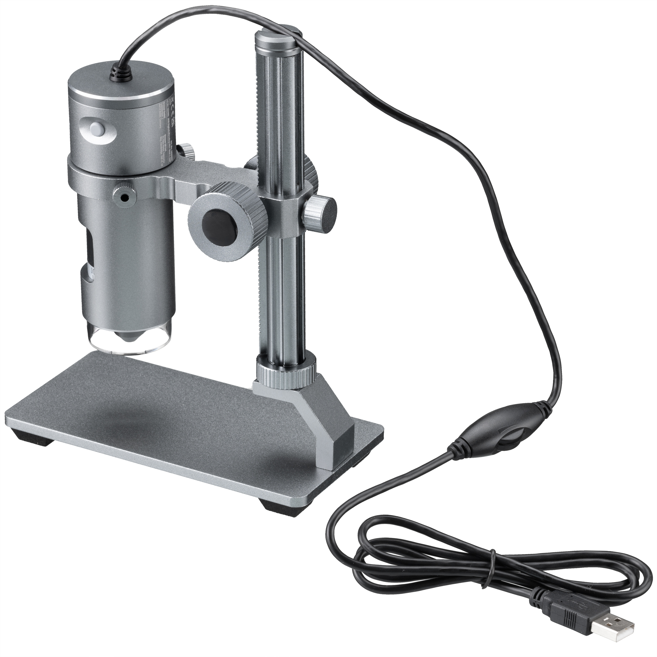 Digitales Mikroskop, metallgrau, mit schwarzem Kabel und USB-Anschluss. Es steht auf einem grauen Ständer.