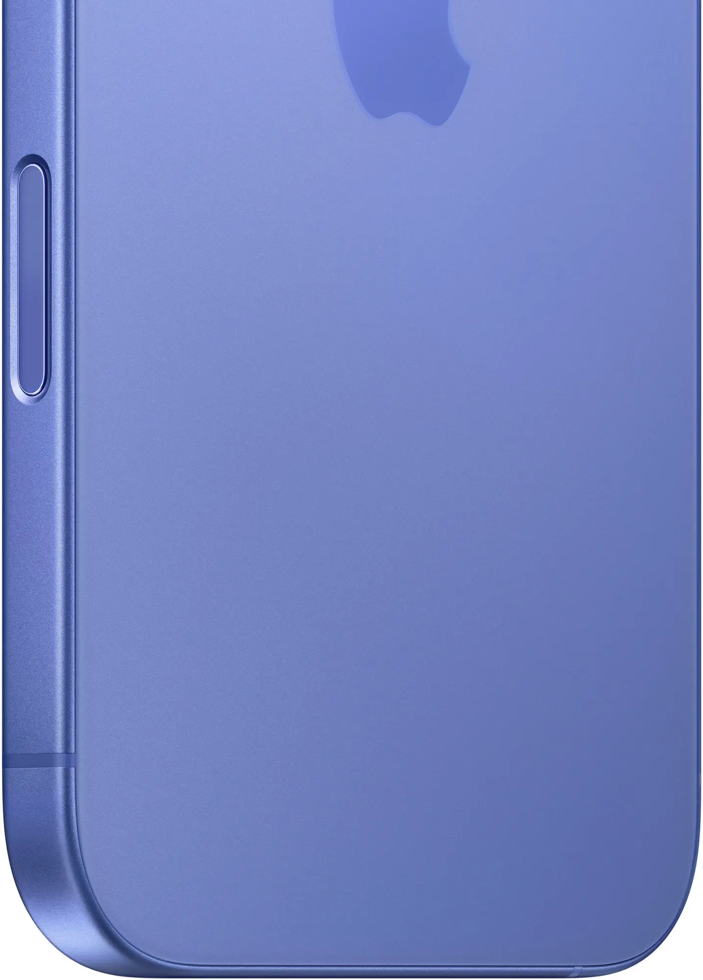 Nahaufnahme der Rückseite eines blauen iPhones, mit Apple-Logo und Seitentaste.
