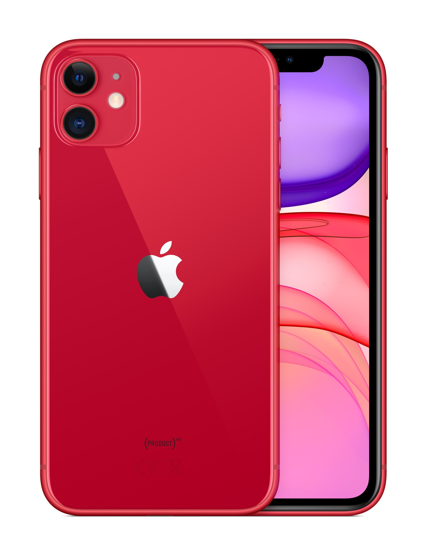 iPhone 11 rojo con cámaras duales, logotipo de Apple y pantalla negra, con fondo blanco.