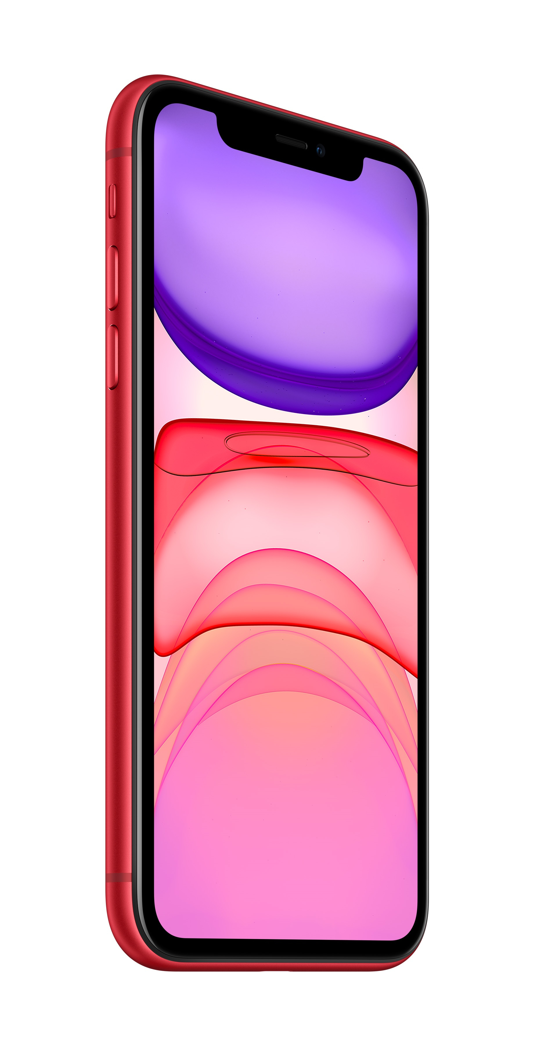 iPhone 11 Pro rojo, vista en ángulo, mostrando un marco rojo, pantalla negra con rosa y morado.