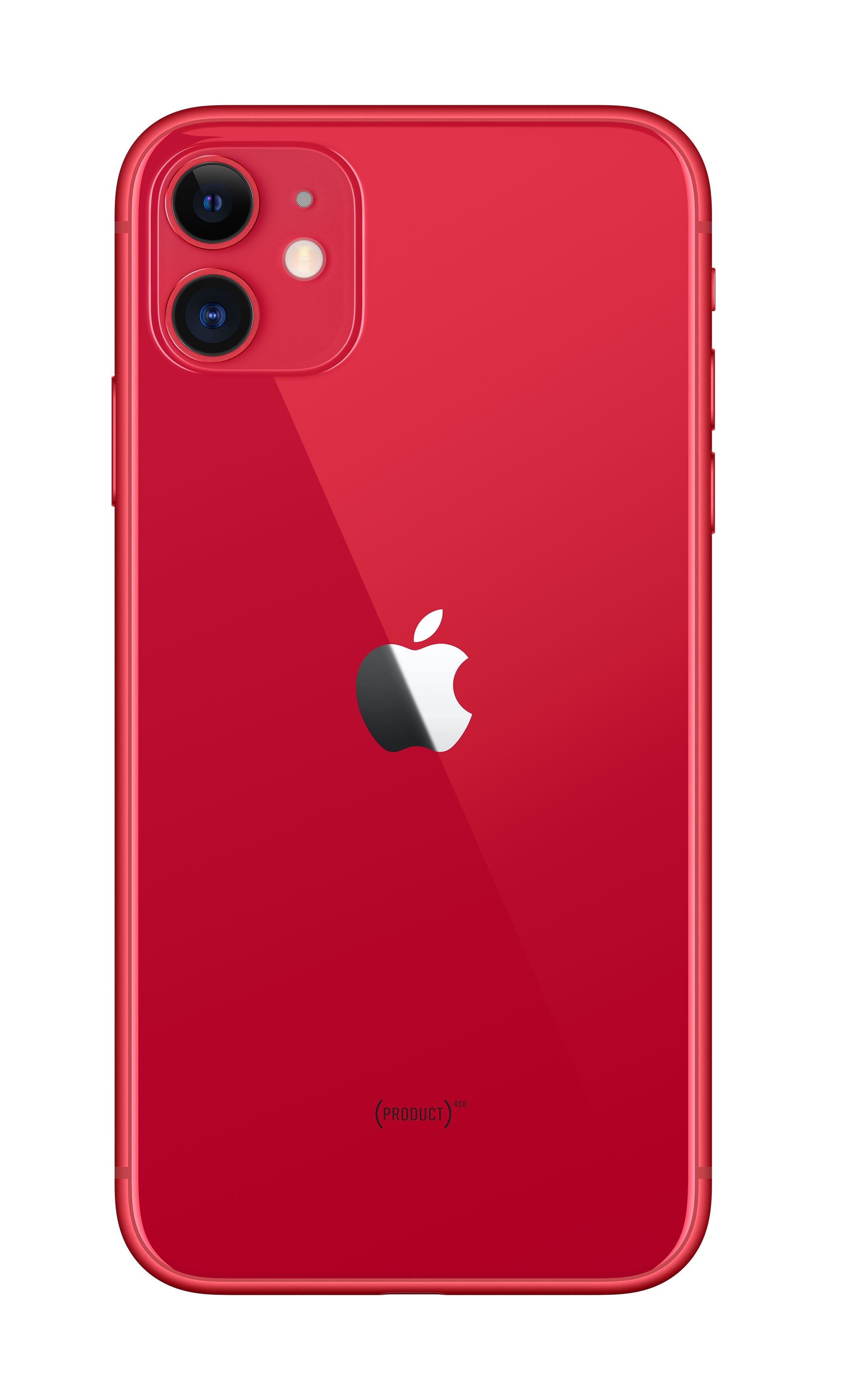 Parte trasera del iPhone 11 rojo con cámaras duales y logo blanco de Apple.