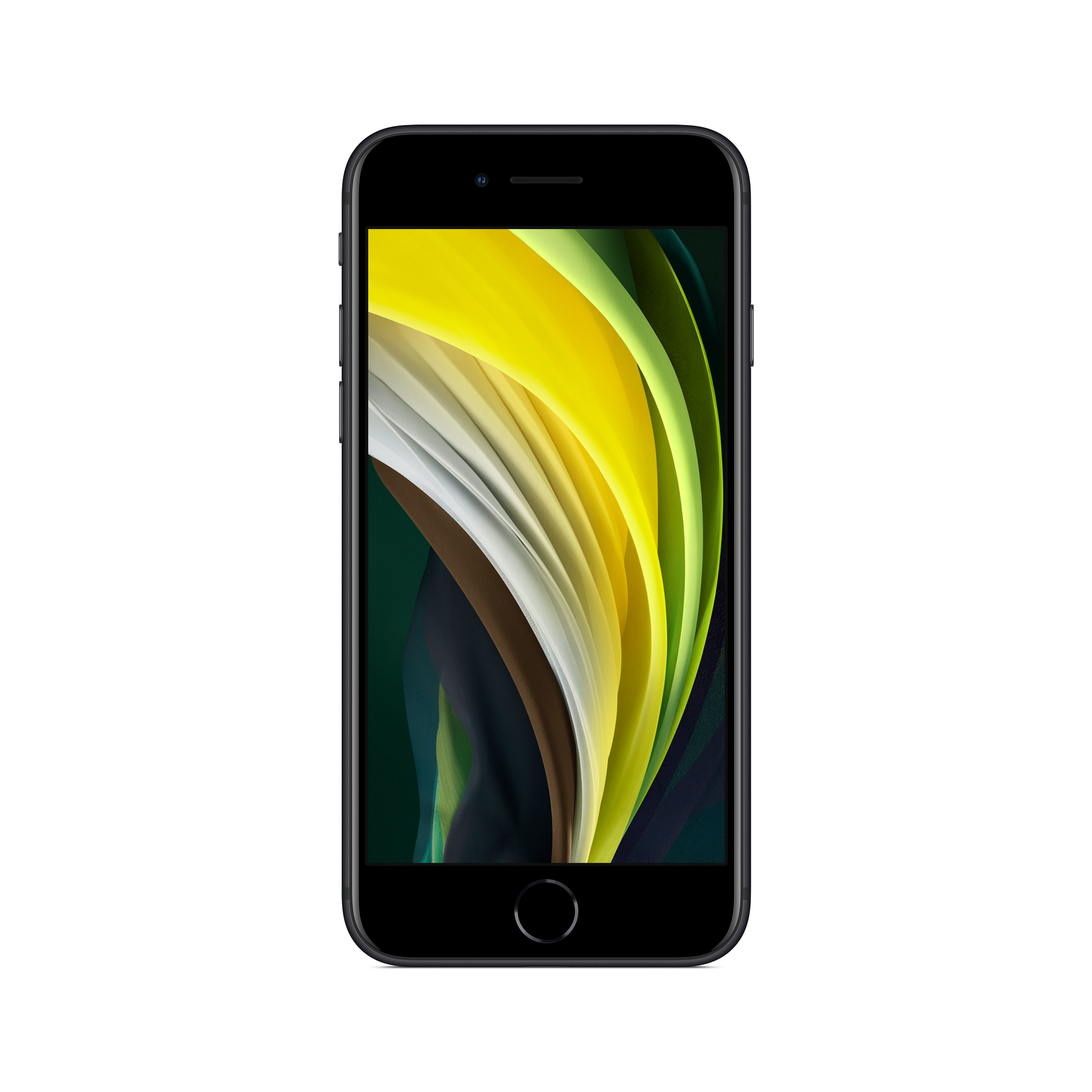 Czarny iPhone z kolorową tapetą. Widoczny jest przycisk Początek.